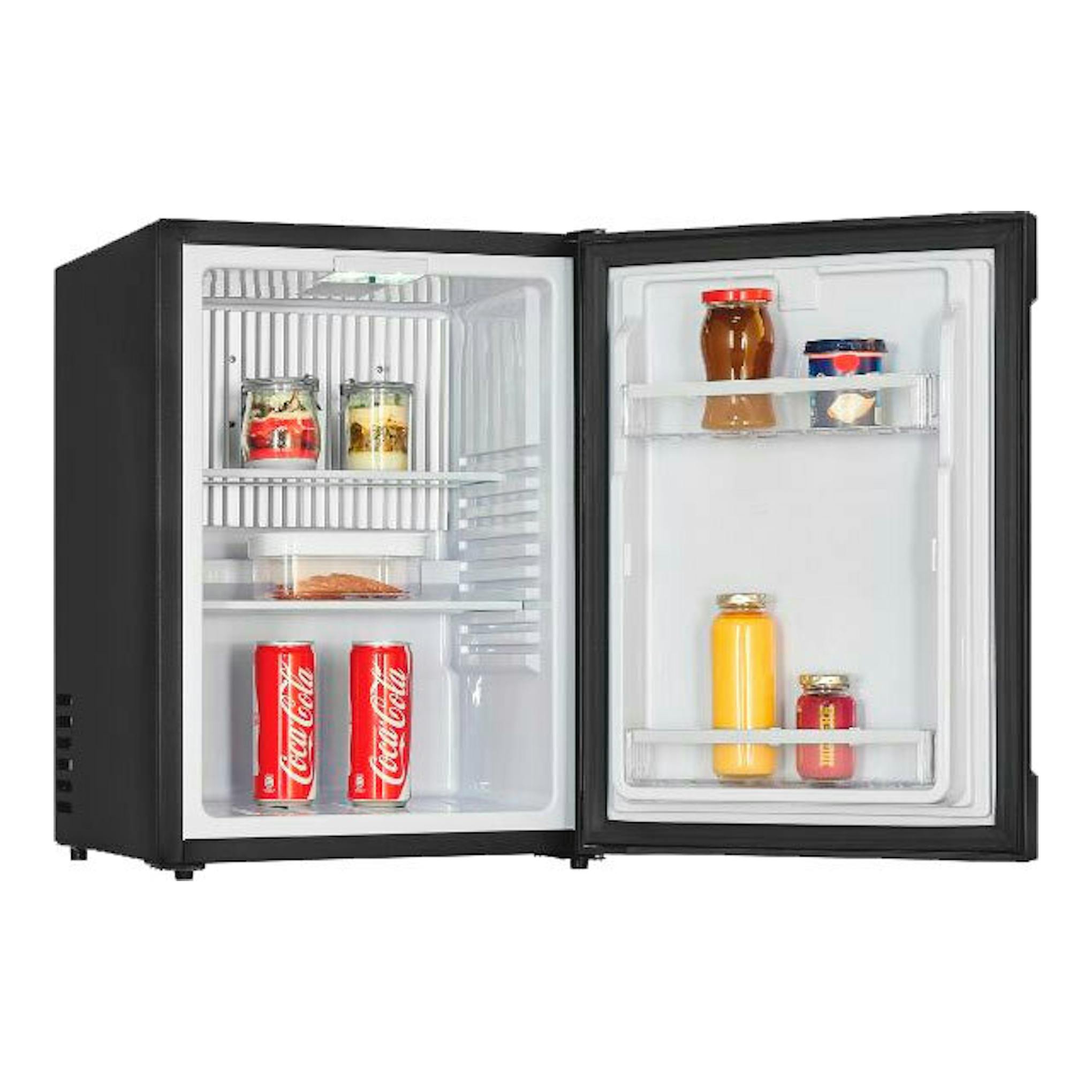 Minibar Exquisit FA40-271G negro, vista frontal con puerta abierta y estantes con bebidas.