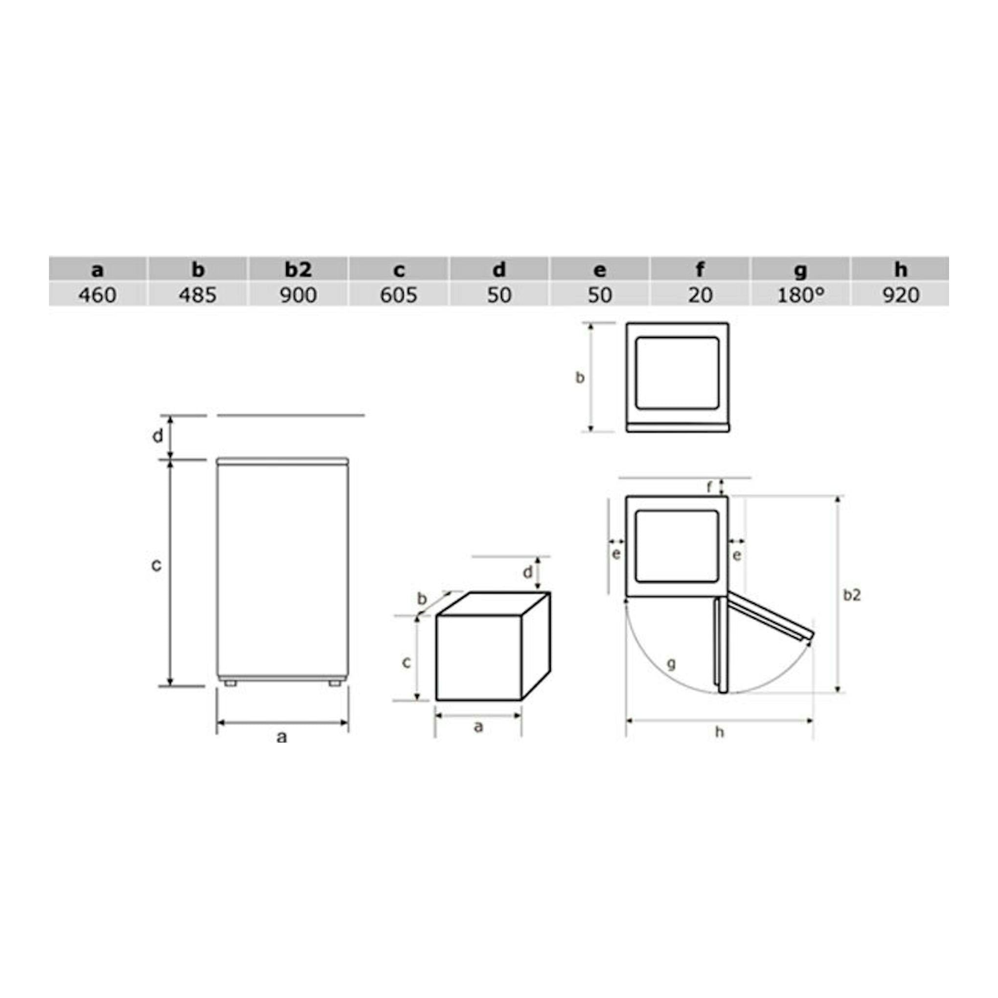 Diagrama técnico en blanco y negro del minibar Exquisit FA60-260G, con vistas frontal, lateral y puerta abierta.
