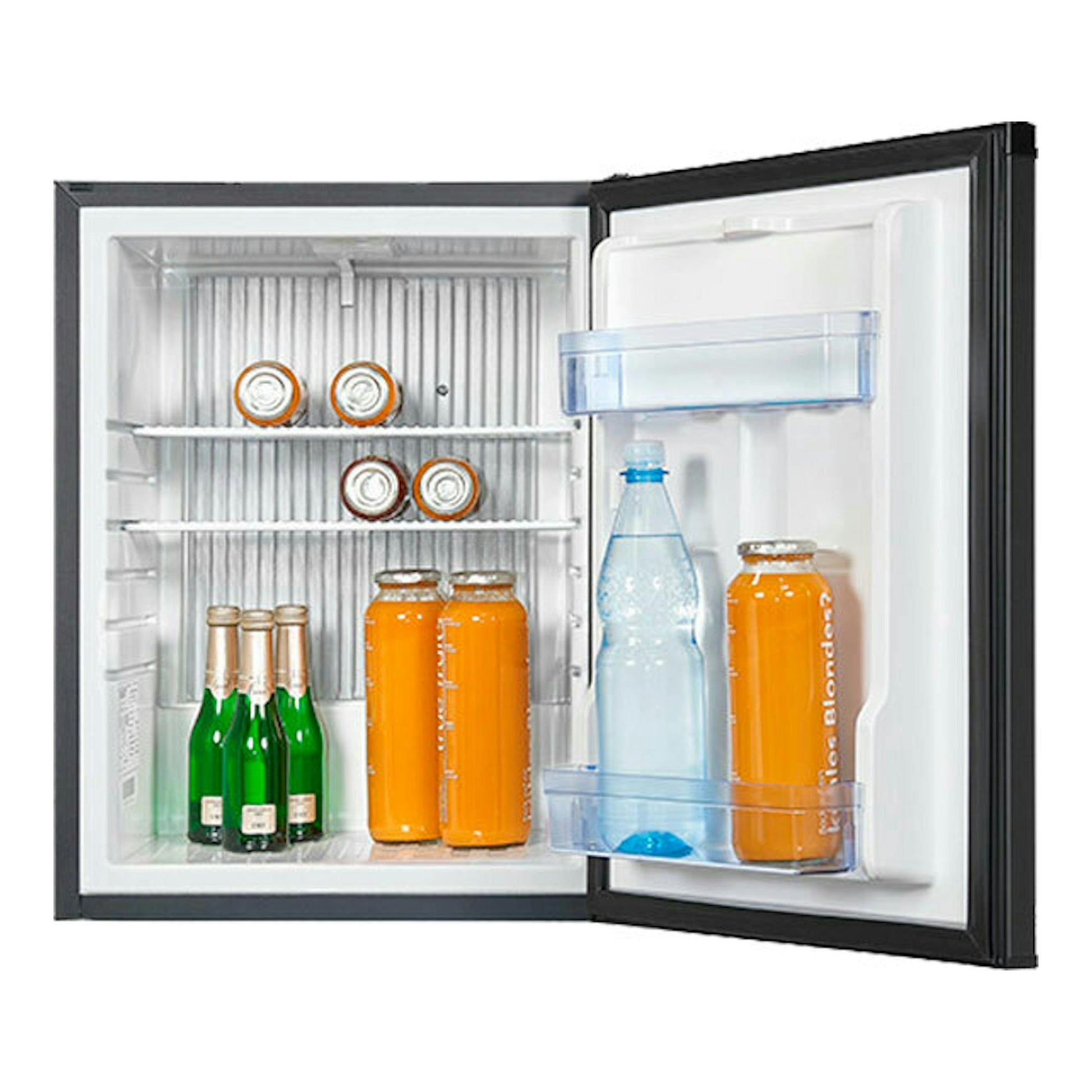 Minibar Exquisit FA60-260G negro, vista frontal abierta, con bebidas y botellas en el interior.