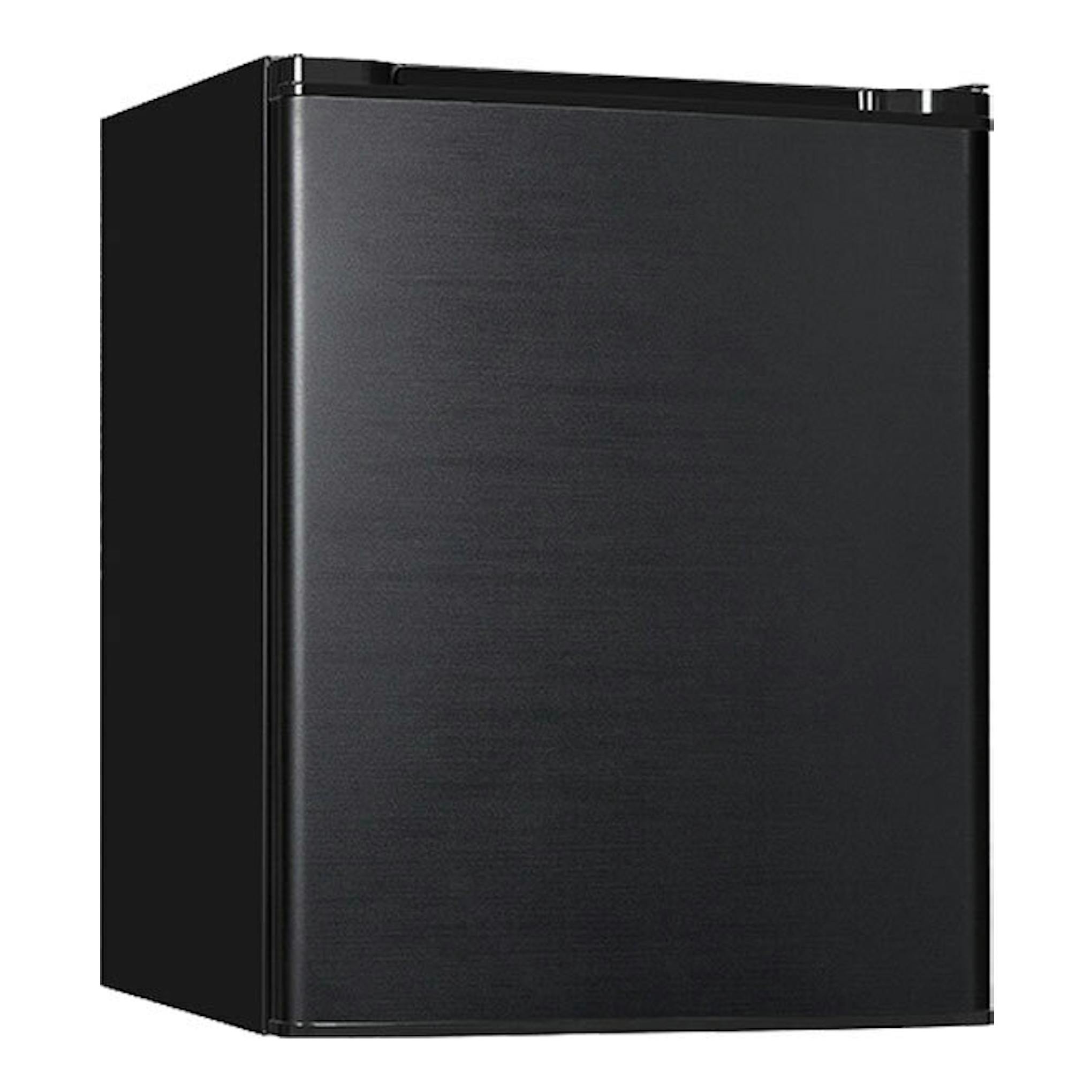 Minibar Exquisit FA60-260G negro, vista frontal en ángulo izquierdo, sobre fondo blanco.