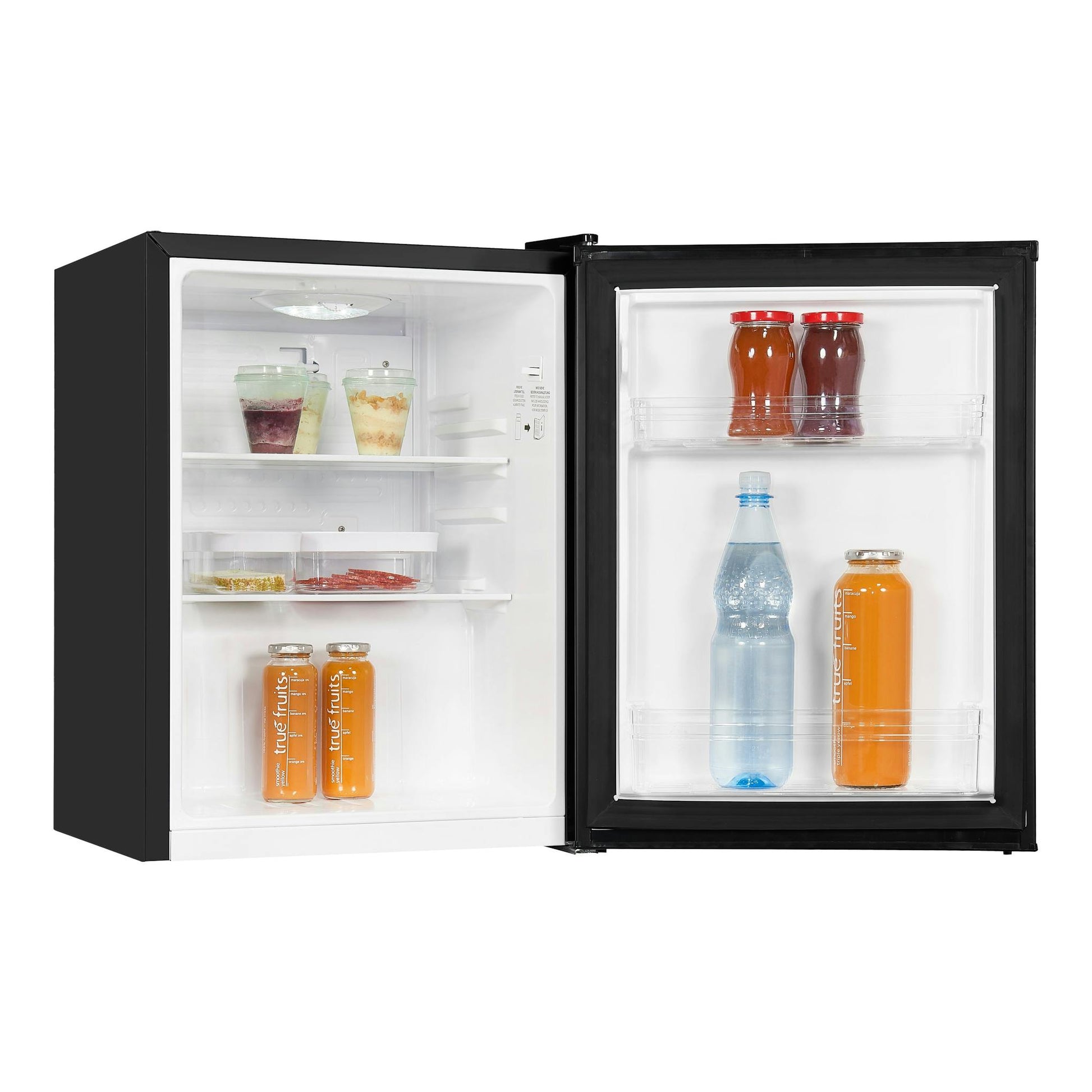 Minibar Exquisit KB60-V-090E negra, vista frontal con puertas abiertas e interior blanco con bebidas.