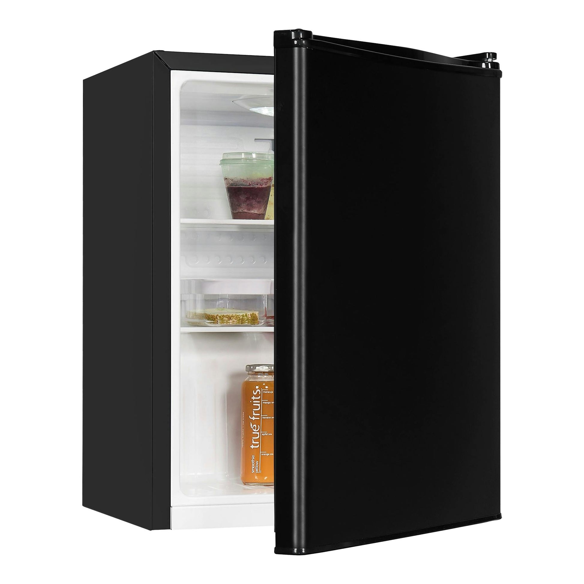Minibar Exquisit KB60-V-090E negro, vista frontal con puerta abierta e interior blanco.
