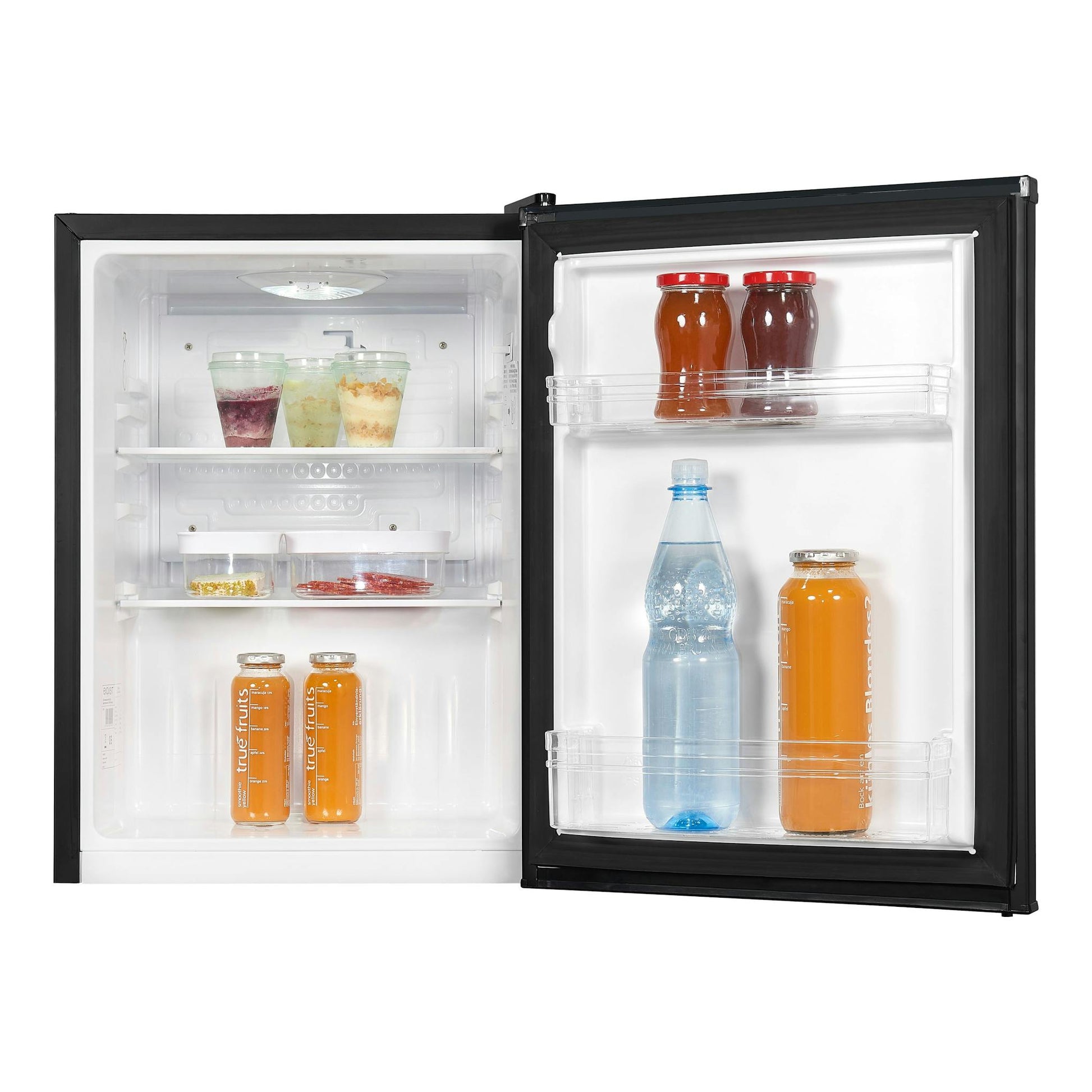 Minibar Exquisit KB60-V-090E negra, vista frontal con puerta abierta e interior blanco y botellas visibles.