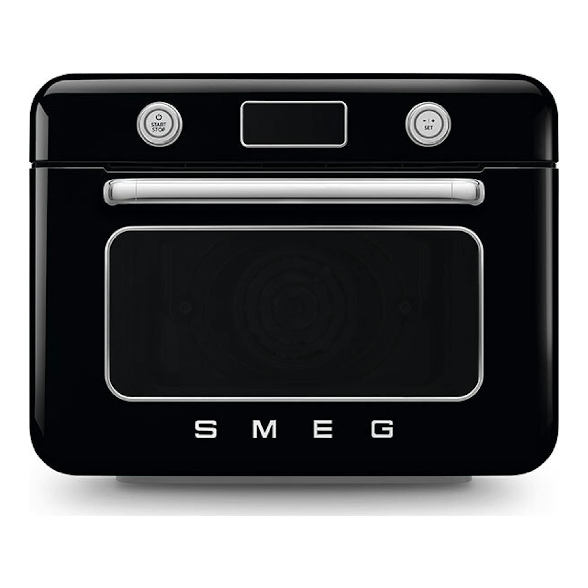 Minihorno Smeg COF01BLEU negro, vista frontal, con puerta de cristal y mandos plateados.