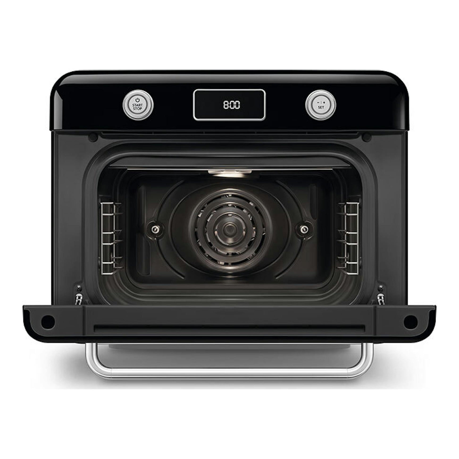 Minihorno Smeg COF01BLEU negro, vista frontal con puerta abatida y panel digital.