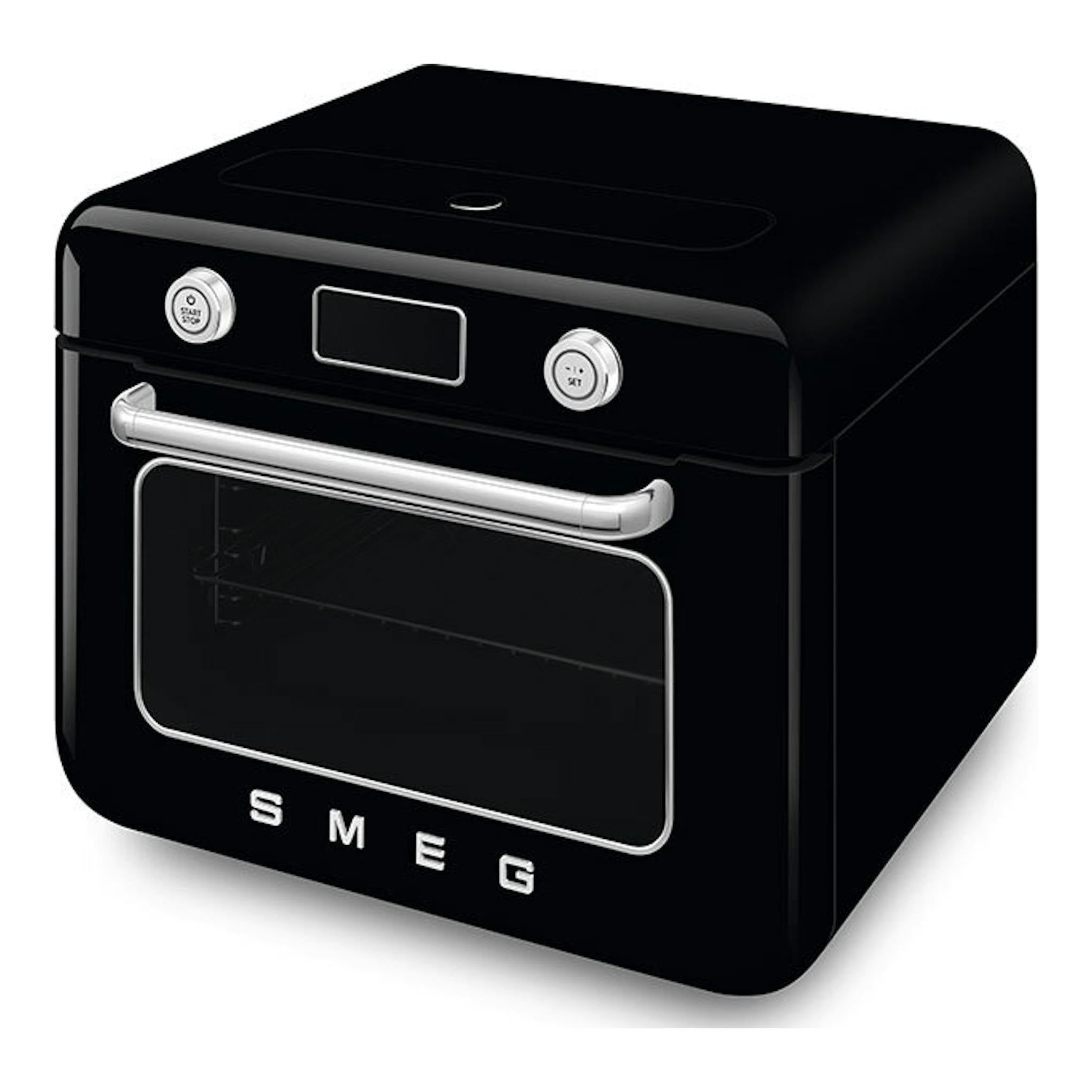 Minihorno Smeg COF01BLEU negro, vista frontal en ángulo, con puerta de vidrio y mandos plateados.