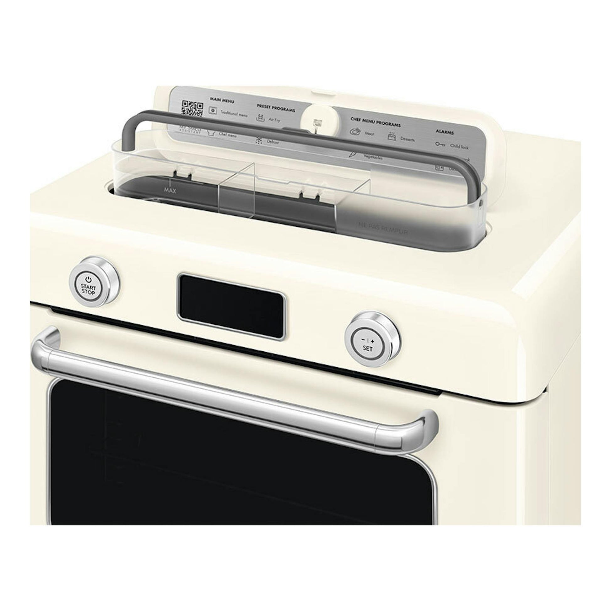 Minihorno Smeg COF01CREU crema, vista frontal en ángulo, con panel negro y perillas plateadas.