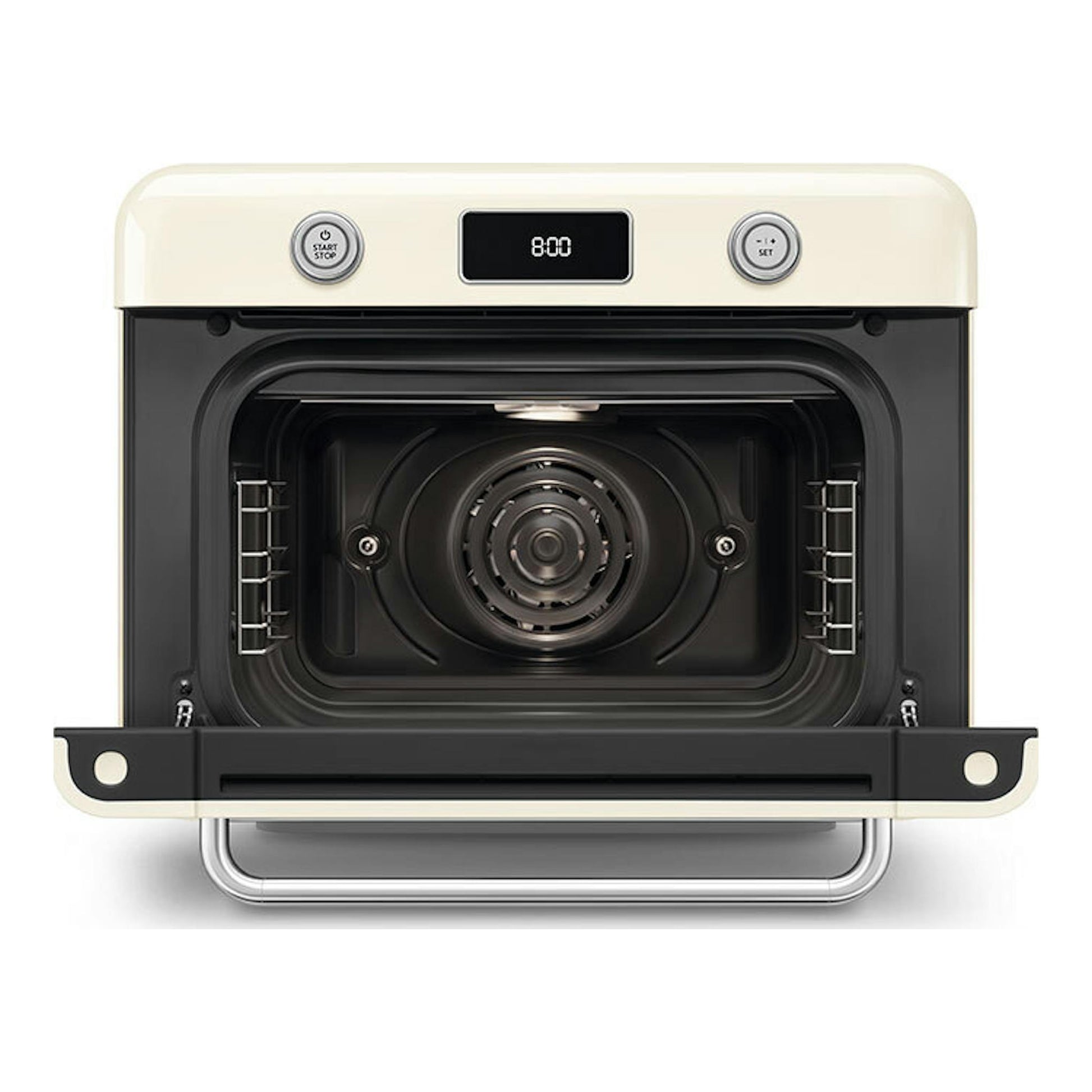 Minihorno Smeg COF01CREU crema, vista frontal con puerta abierta y panel digital 8:00.
