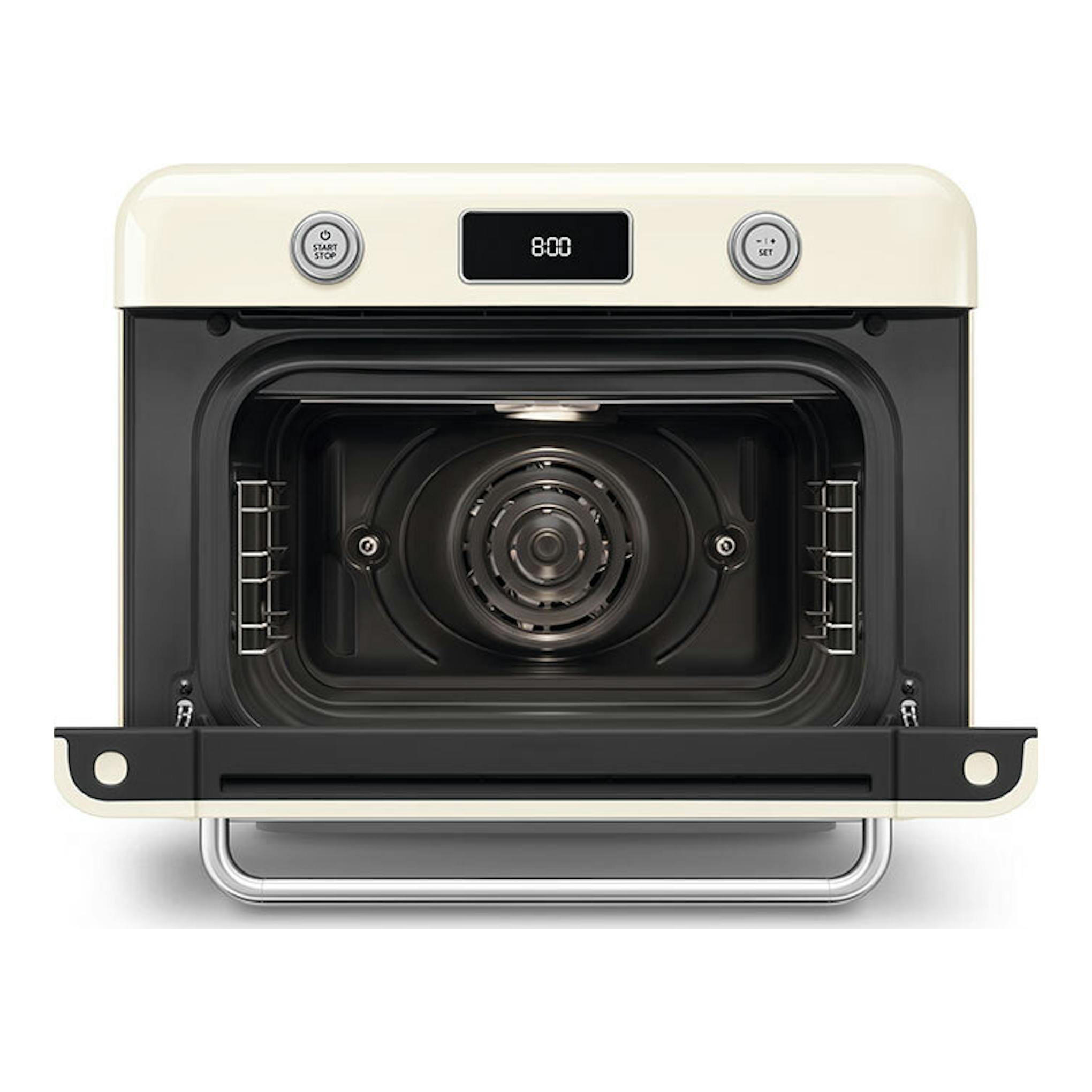 Minihorno Smeg COF01CREU crema, vista frontal con puerta abierta y panel digital 8:00.