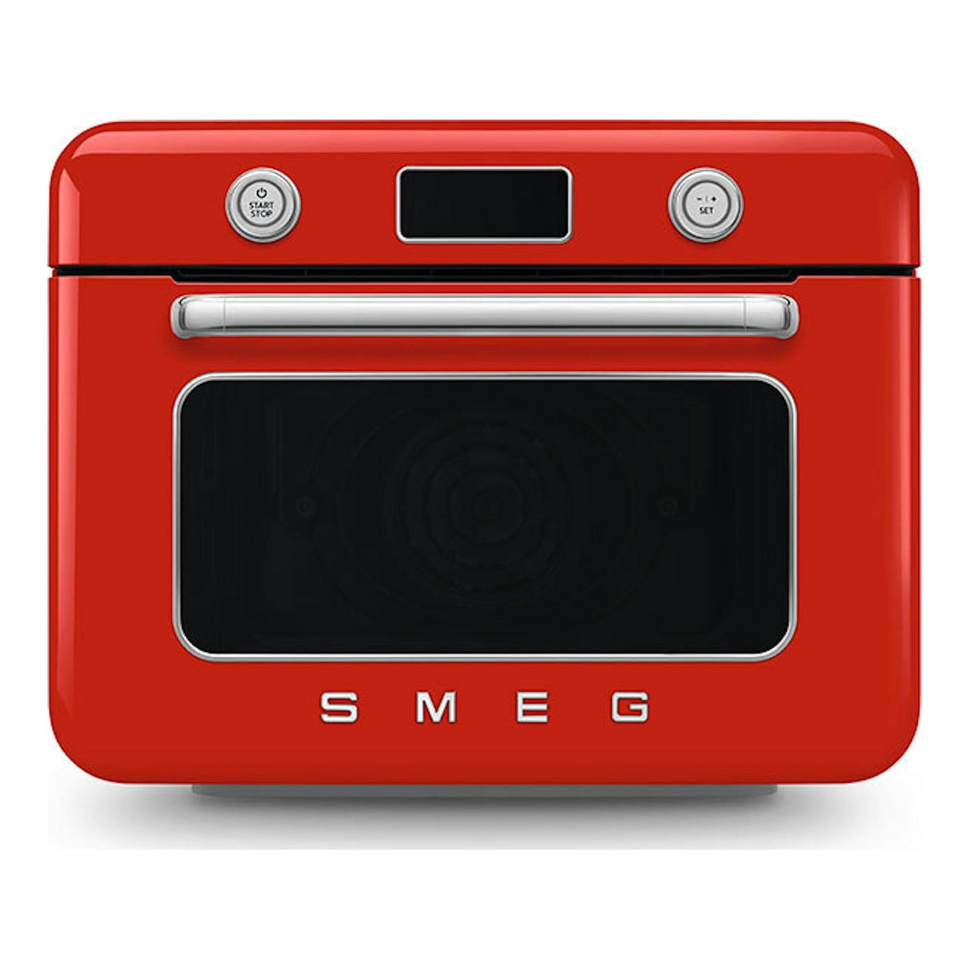 Minihorno Smeg COF01RDEU rojo, vista frontal, con puerta de vidrio y panel de controles superior.