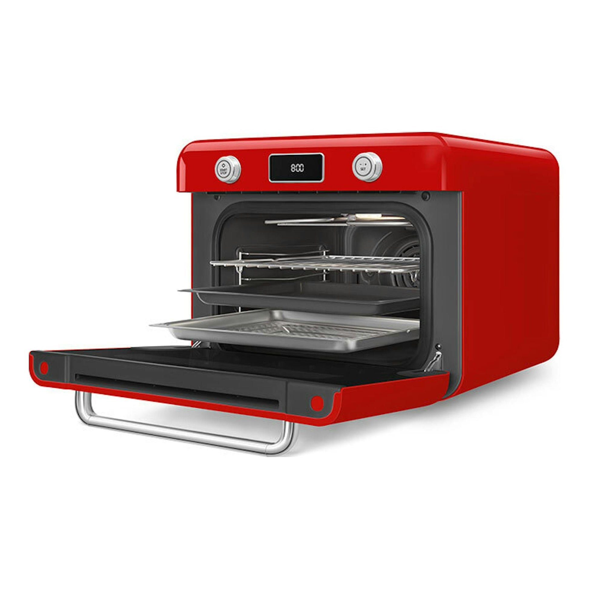 Minihorno Smeg COF01RDEU rojo, vista frontal en ángulo, con la puerta abatible abierta.