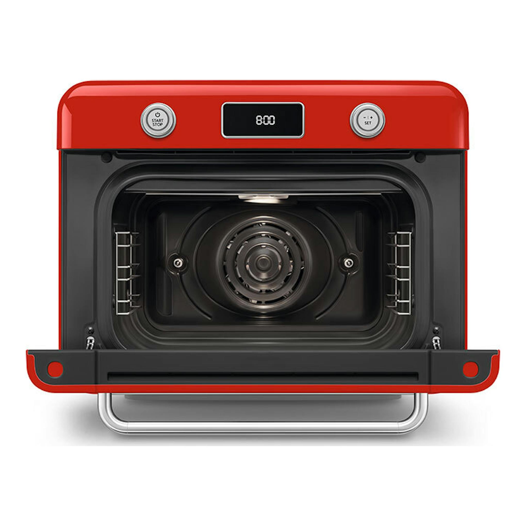 Minihorno Smeg COF01RDEU rojo, vista frontal con puerta abierta e interior visible.