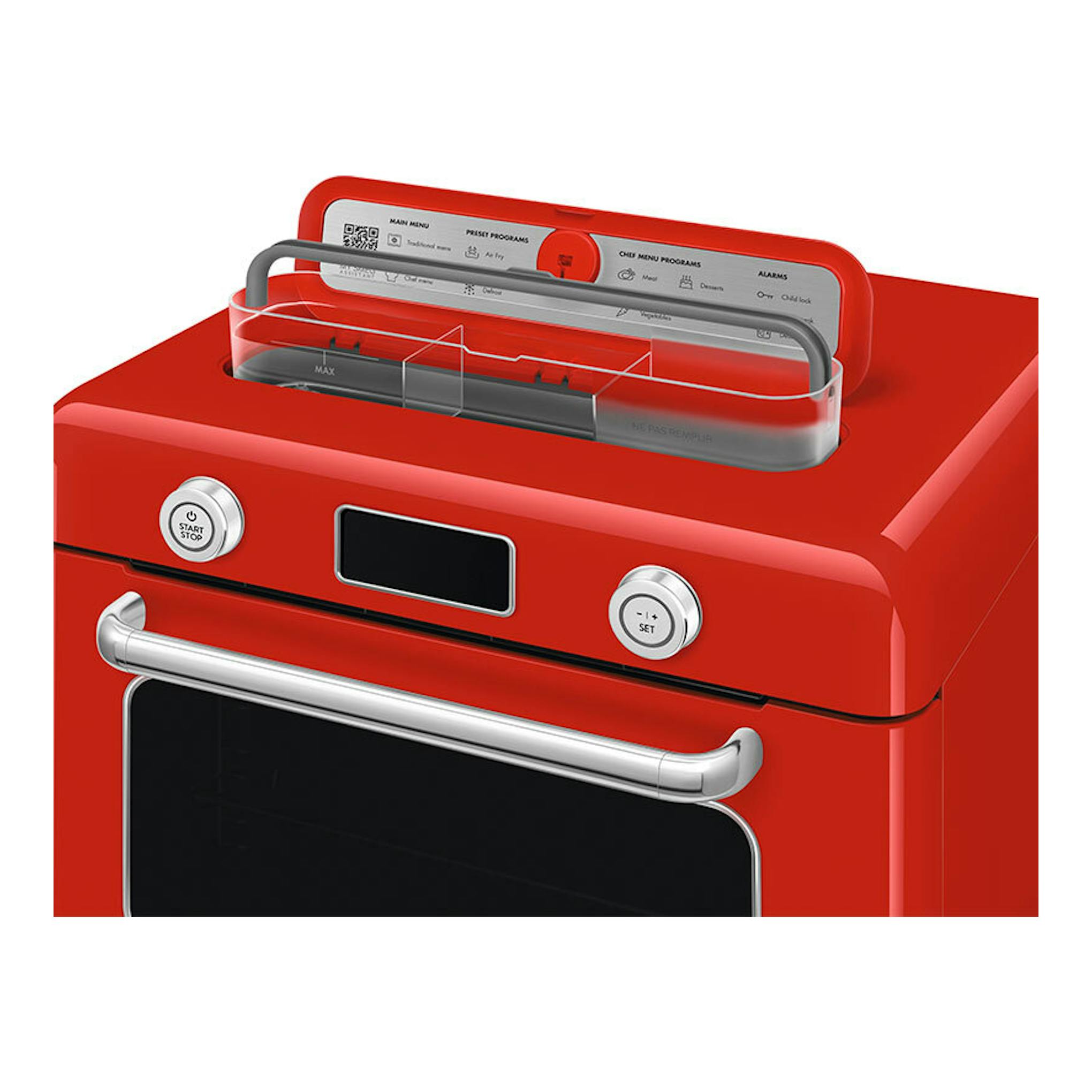 Minihorno Smeg COF01RDEU rojo, vista frontal en ángulo, con asa metálica y panel de controles superior.