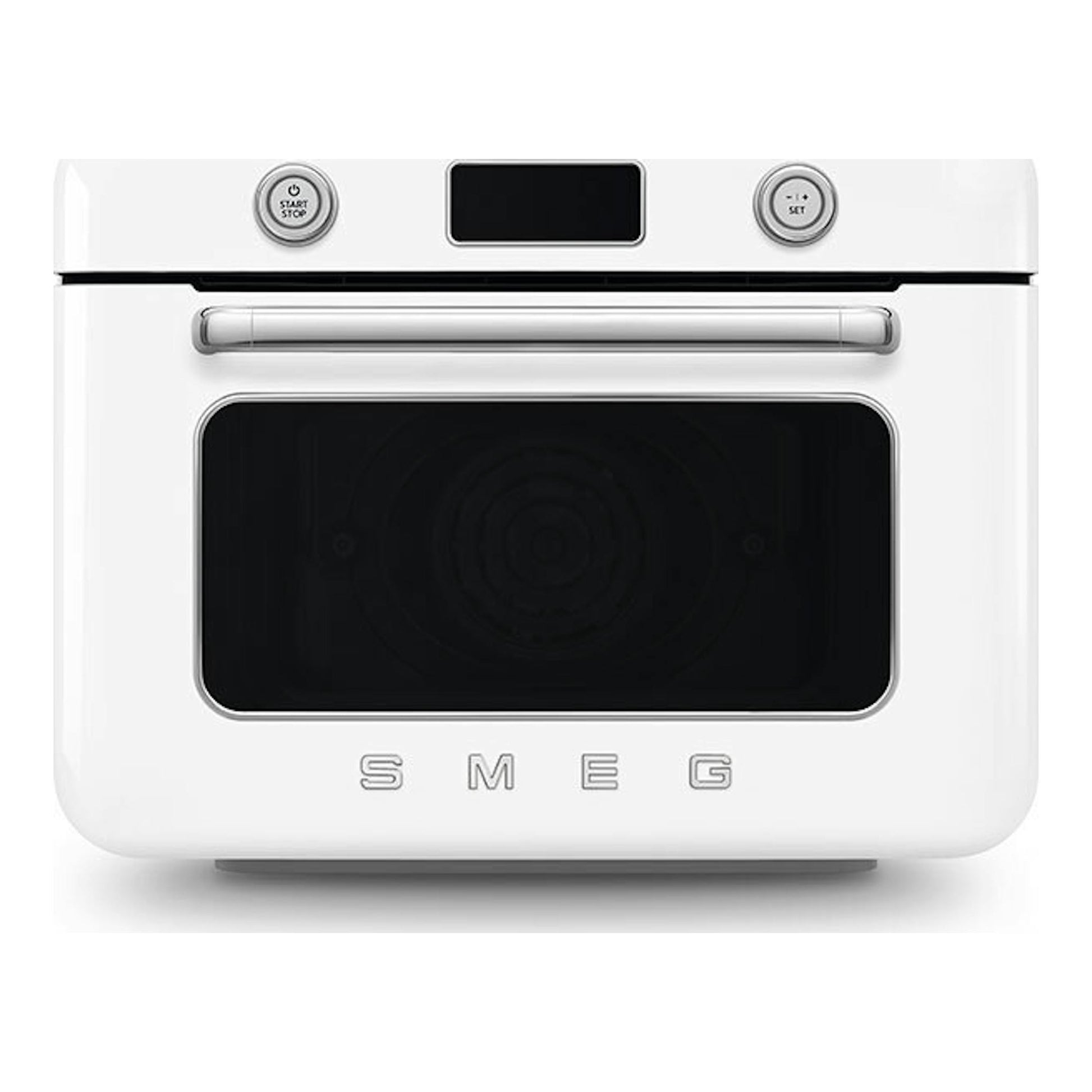 Minihorno Smeg COF01WHEU blanco, vista frontal, con puerta negra, pantalla superior y botones plateados.