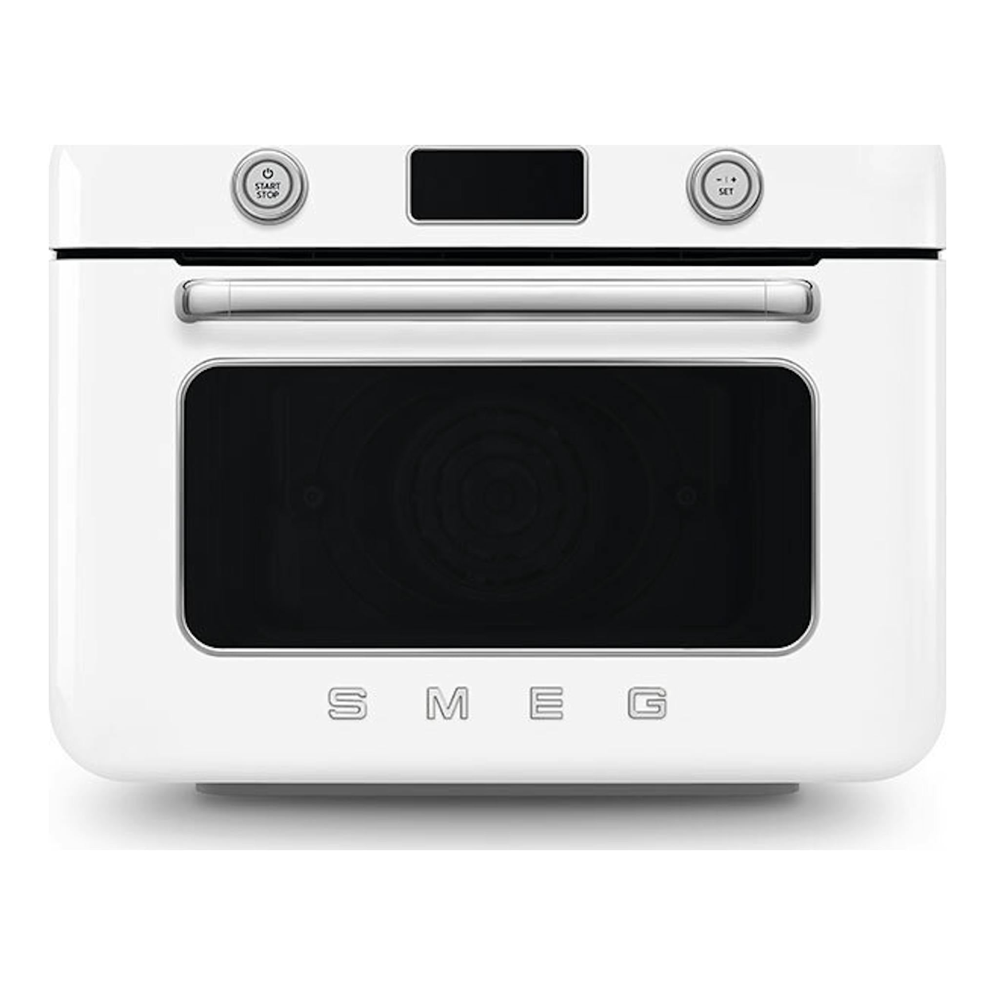 Minihorno Smeg COF01WHEU blanco, vista frontal, con puerta negra, pantalla superior y botones plateados.