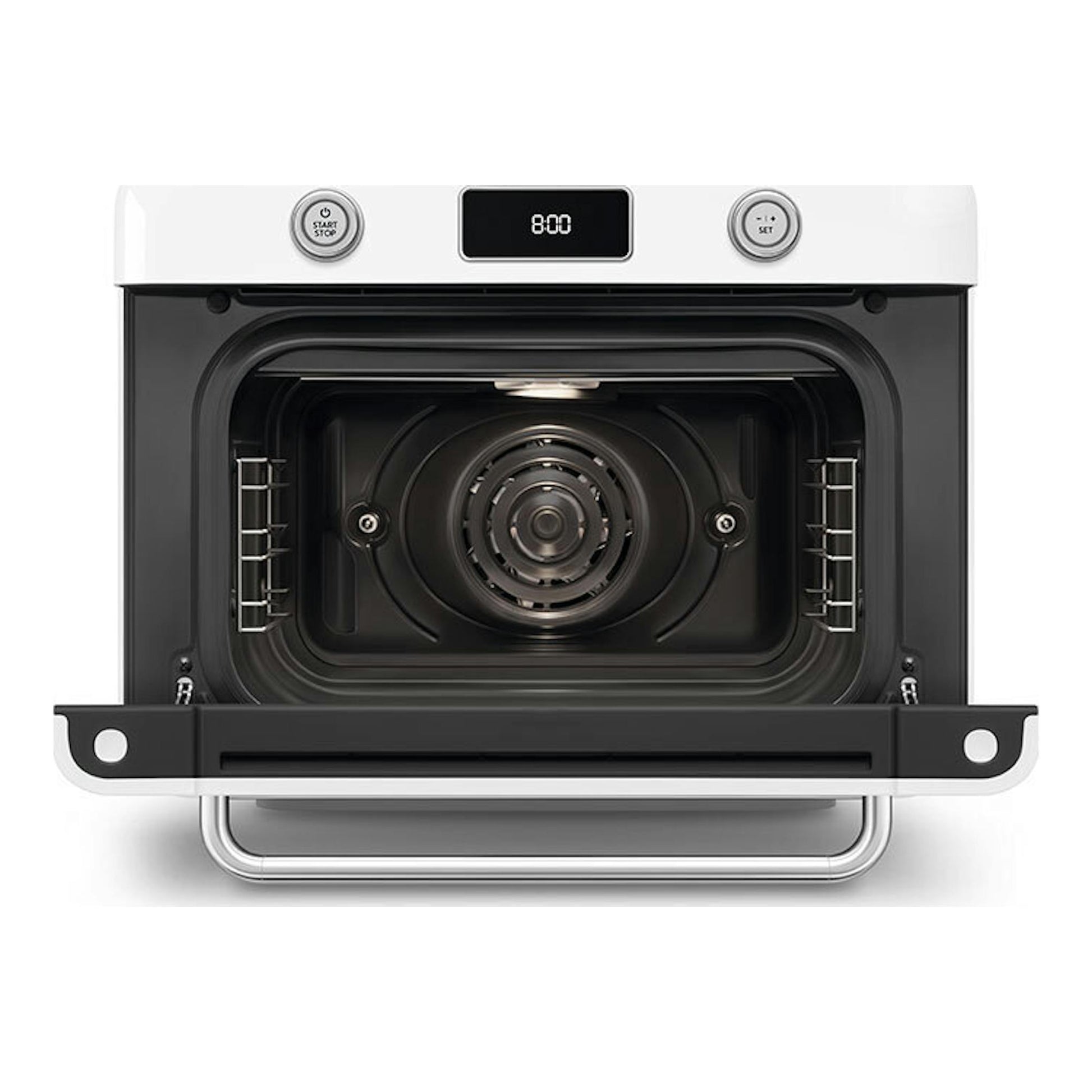 Minihorno Smeg COF01WHEU blanco, vista frontal, puerta abierta e interior negro.