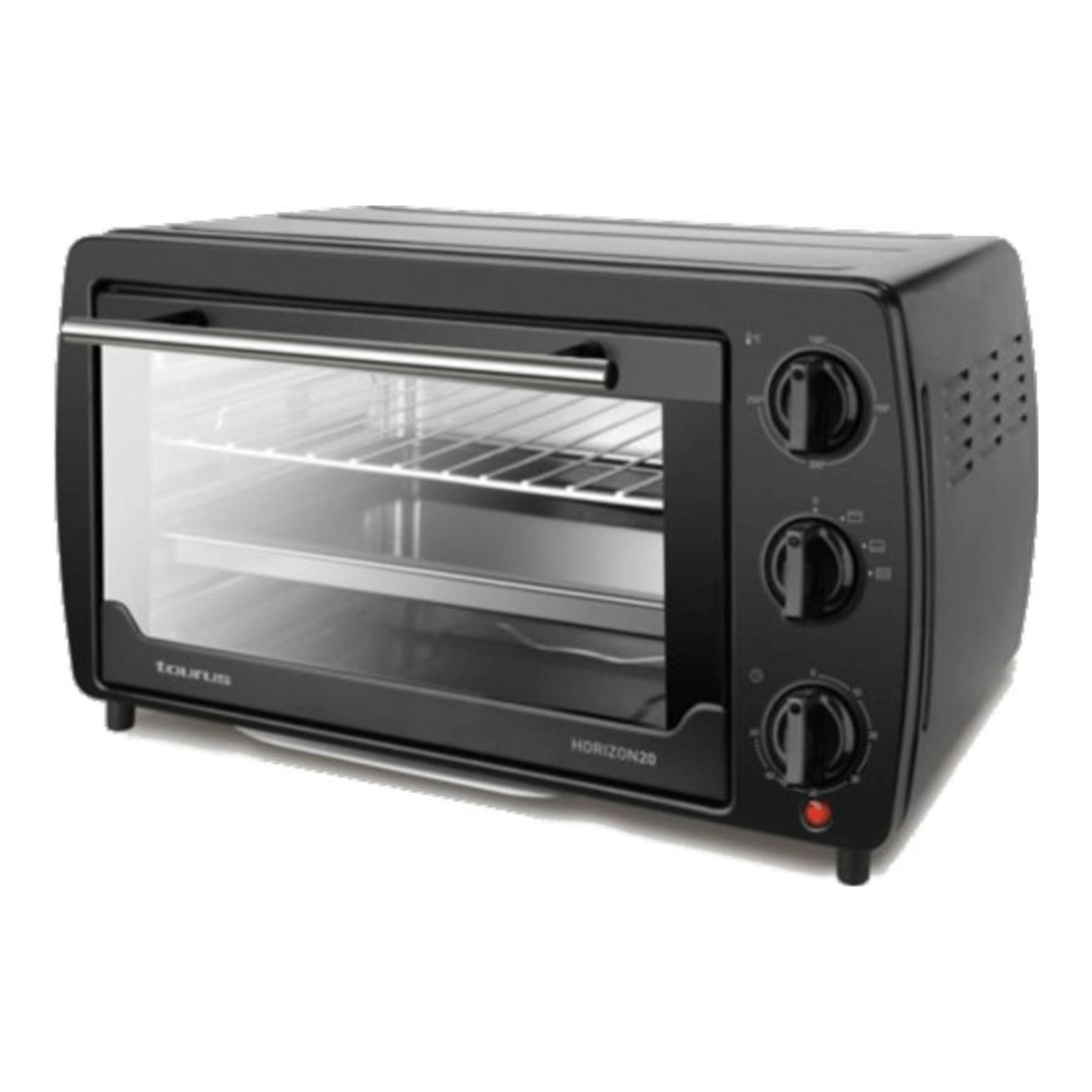 Minihorno negro Taurus Horizon 20, vista frontal en ángulo, con puerta de vidrio y tres mandos.