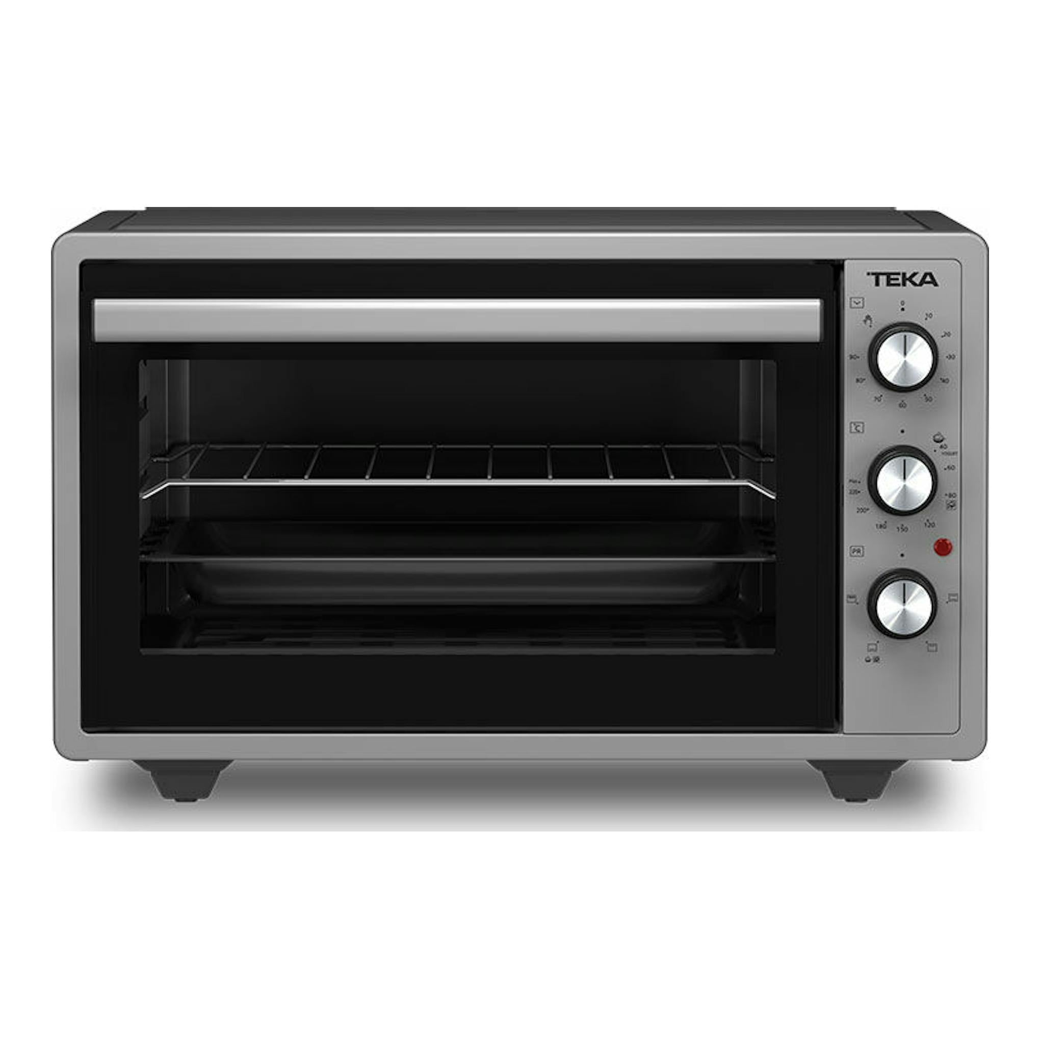 Minihorno Teka FSO424GR en vista frontal, color gris y negro, con tres mandos giratorios.
