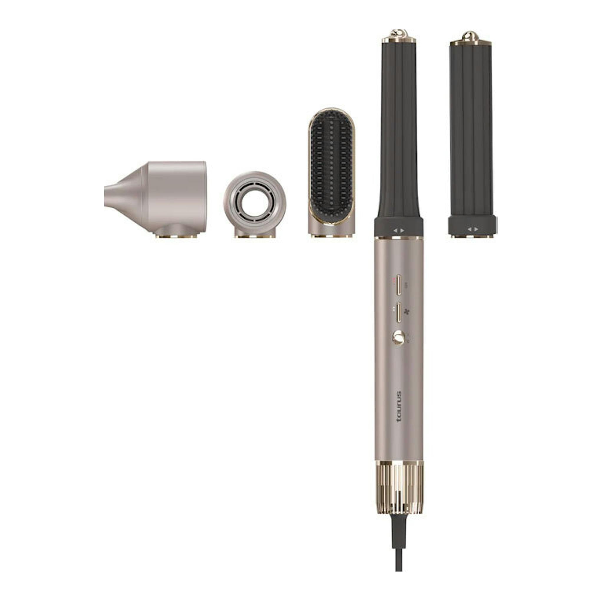 Moldeador de pelo Taurus Airwave Digital Pro en color beige, con varios accesorios mostrados en vista frontal.
