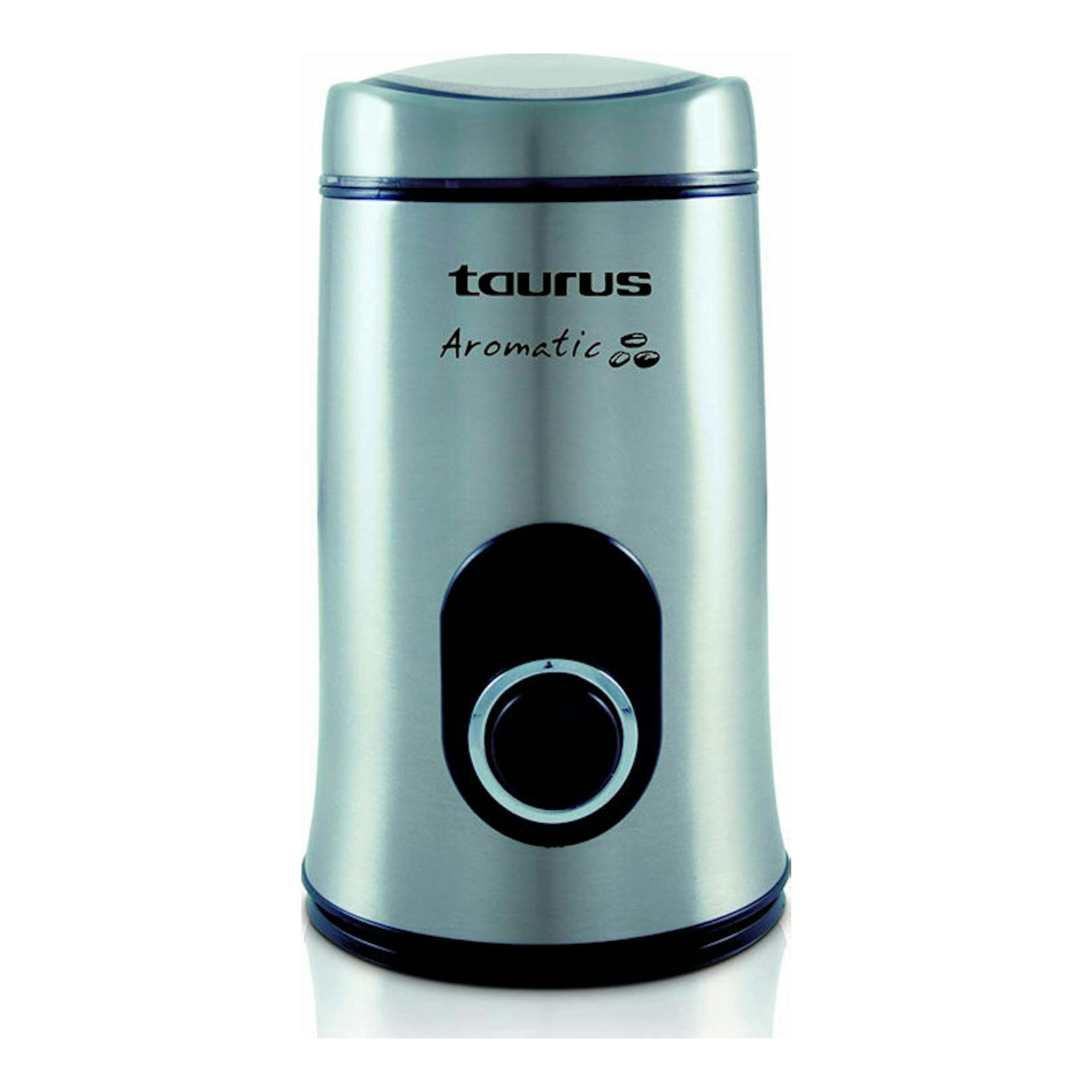 Molinillo de café Taurus Aromatic, vista frontal, cuerpo plateado con detalles negros y botón circular.