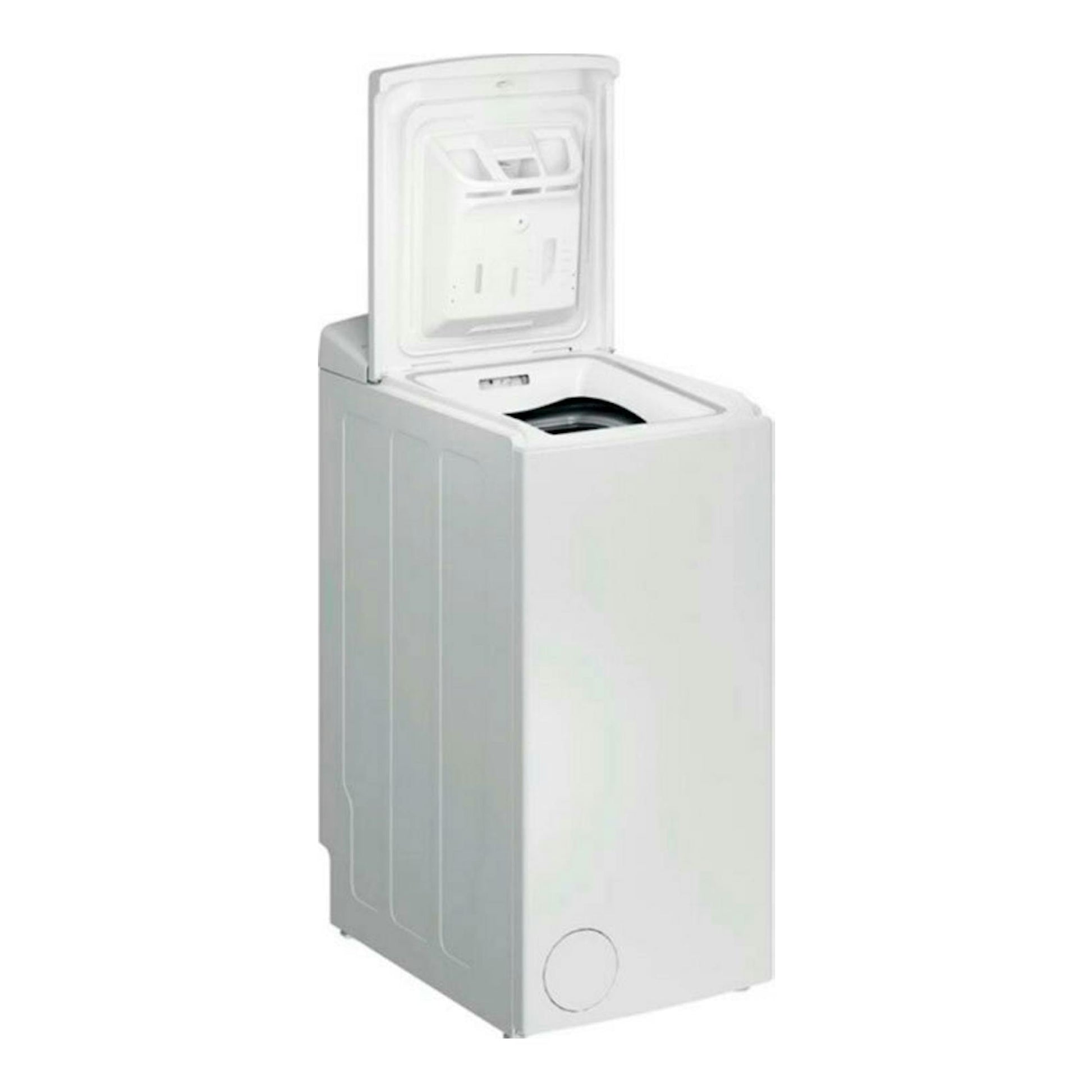 Lavadora Whirlpool TDLR6040LEU/N blanca, vista frontal en ángulo, con tapa superior abierta.