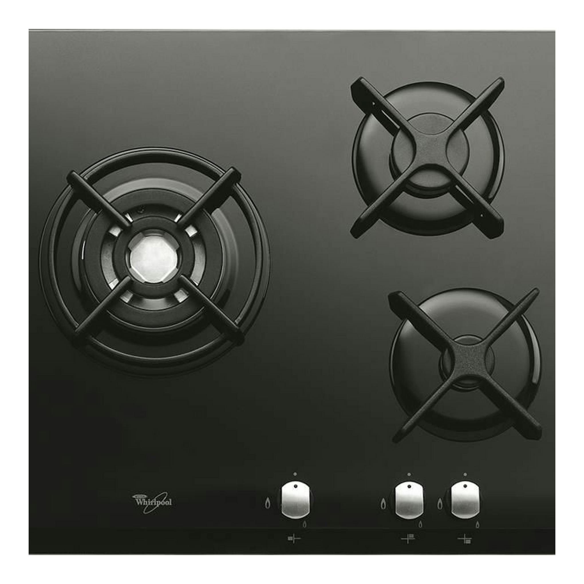 Placa de cristal negra Whirlpool AKT404/NB, vista frontal, con tres quemadores y mandos plateados.