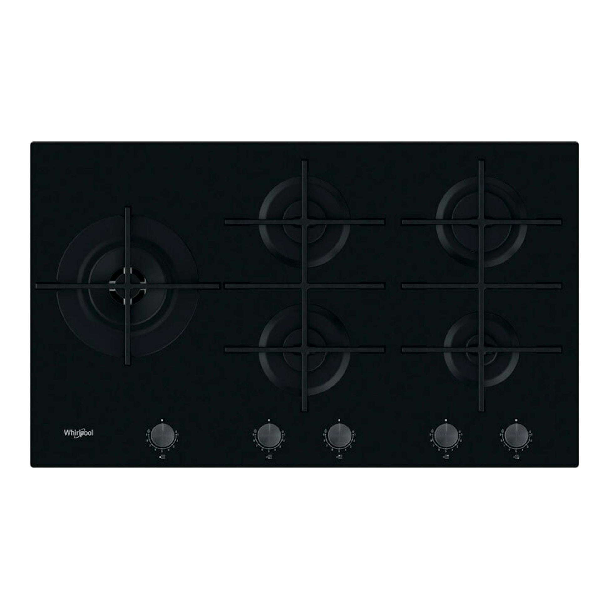 Placa de gas Whirlpool GOWL928/NB negra, vista superior, con 5 fuegos y mandos frontales.