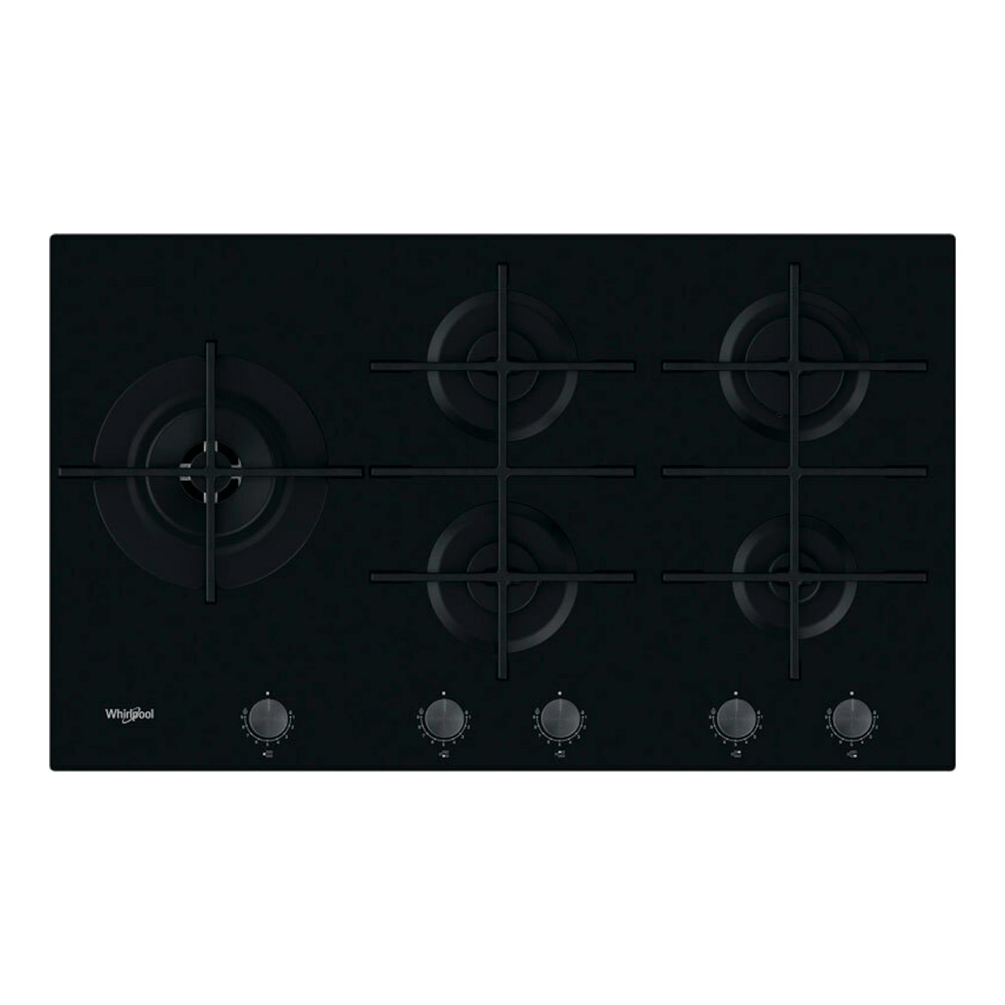 Placa de gas Whirlpool GOWL928/NB negra, vista superior, con 5 fuegos y mandos frontales.