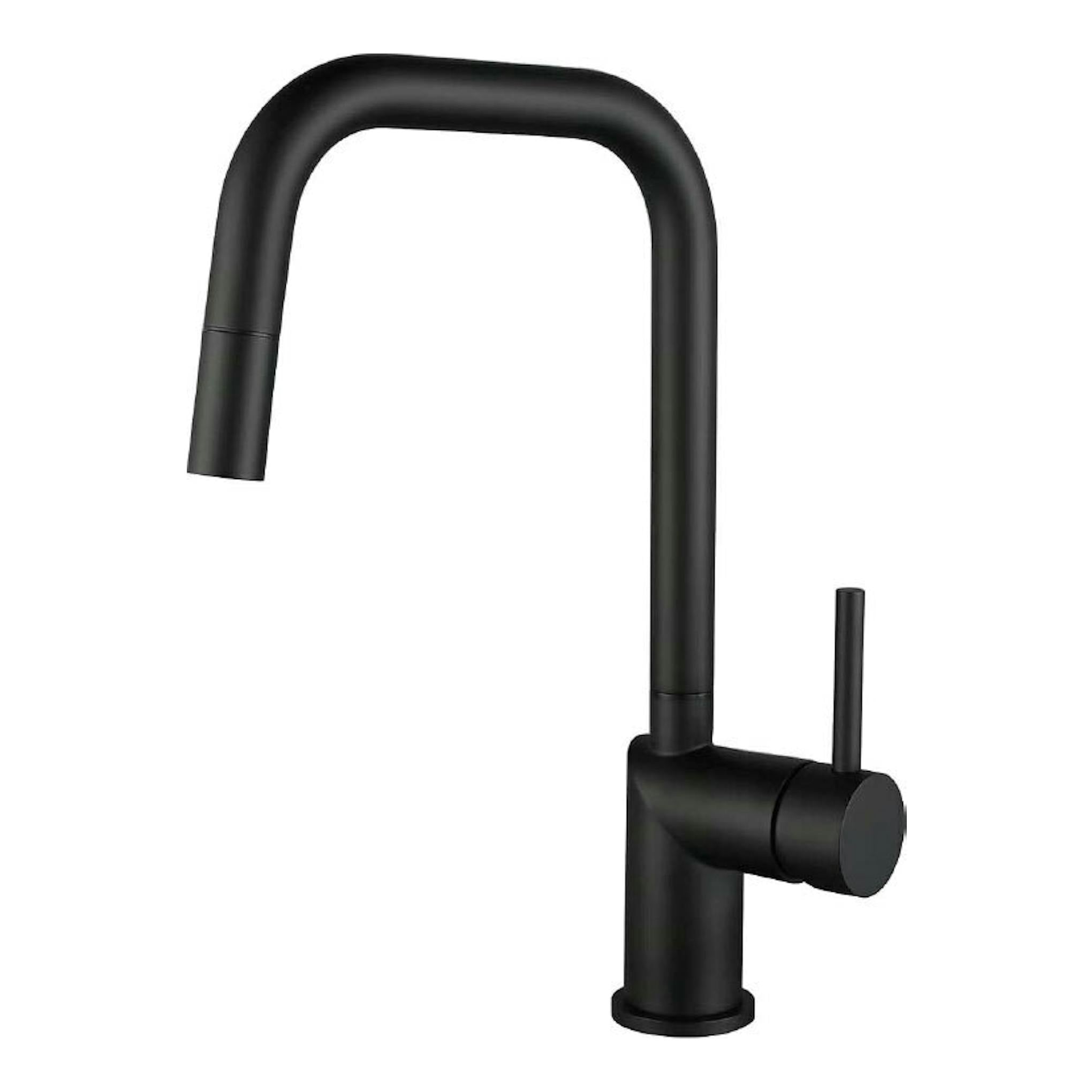 Grifo Poalgi GCE039/NG negro mate, vista frontal en ángulo, con caño alto curvo y palanca lateral.