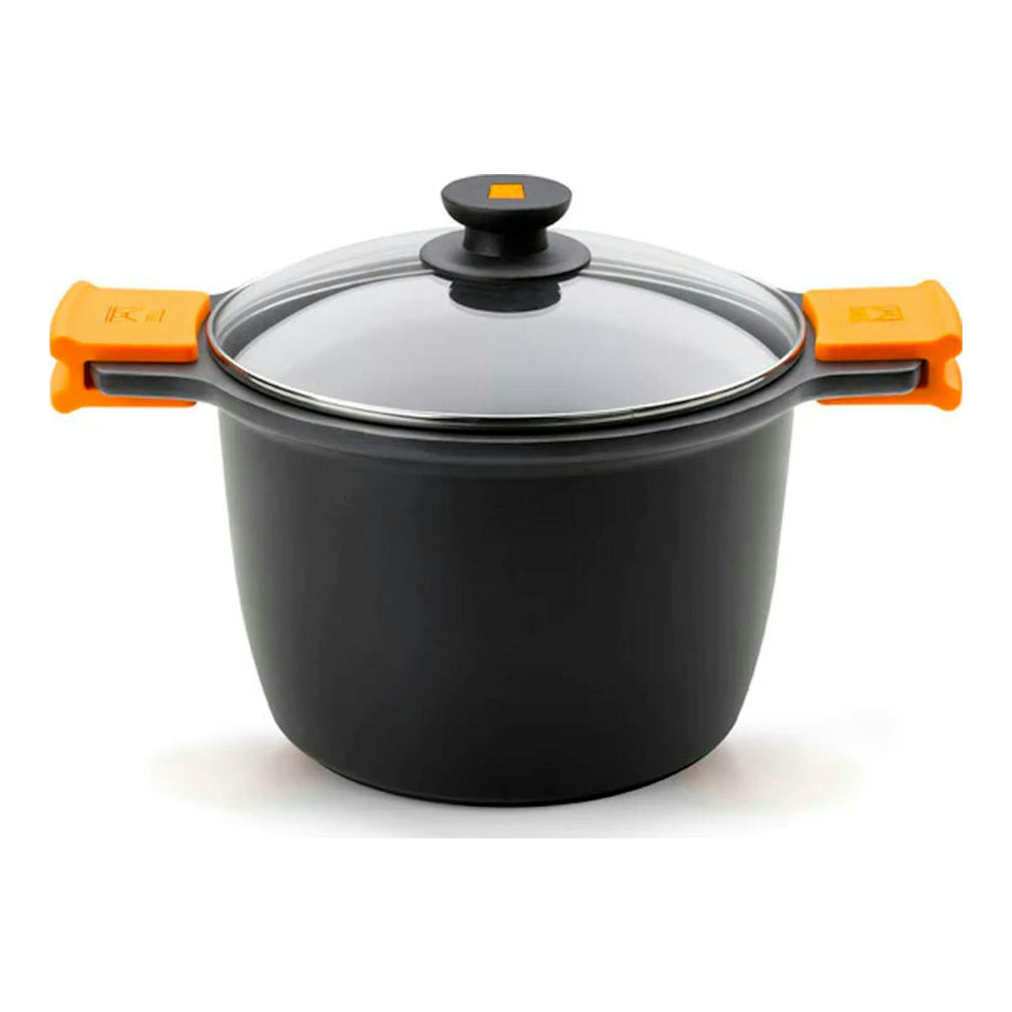 Olla alta Bra Efficient negra de 28 cm, con tapa de vidrio y asas naranjas, vista frontal.