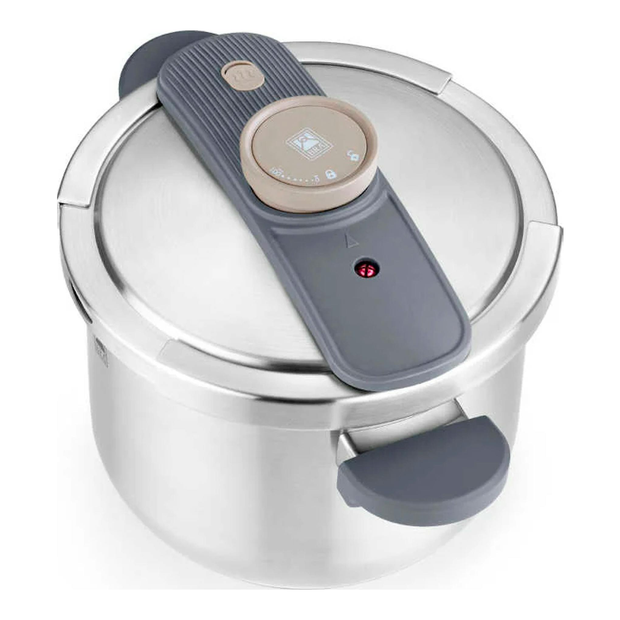Olla a presión Bra Emotion de 4 L, vista superior, acero inoxidable con tapa gris.