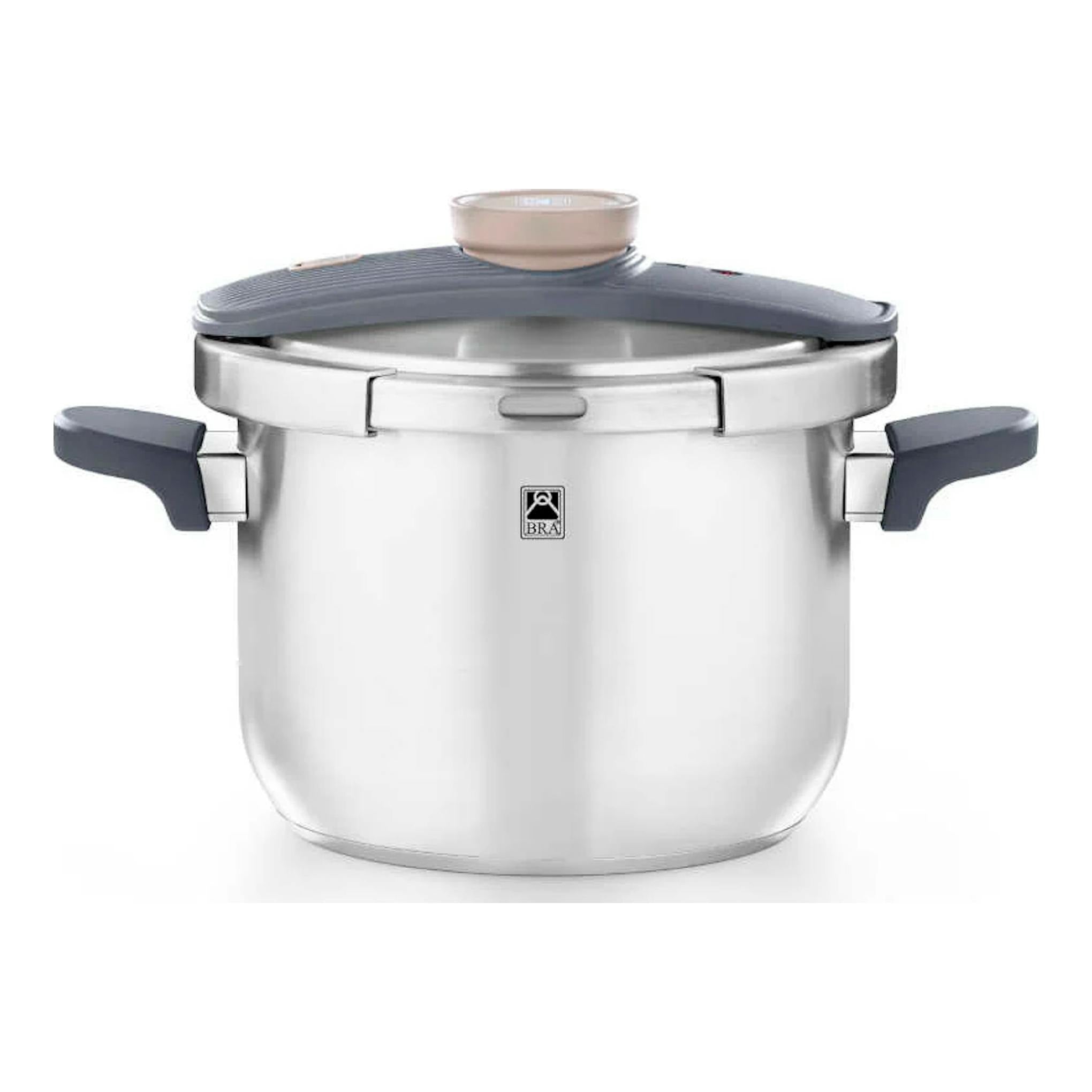 Olla a presión Bra OP 6 L Emotion de acero inoxidable, vista frontal, con tapa gris y asas oscuras.