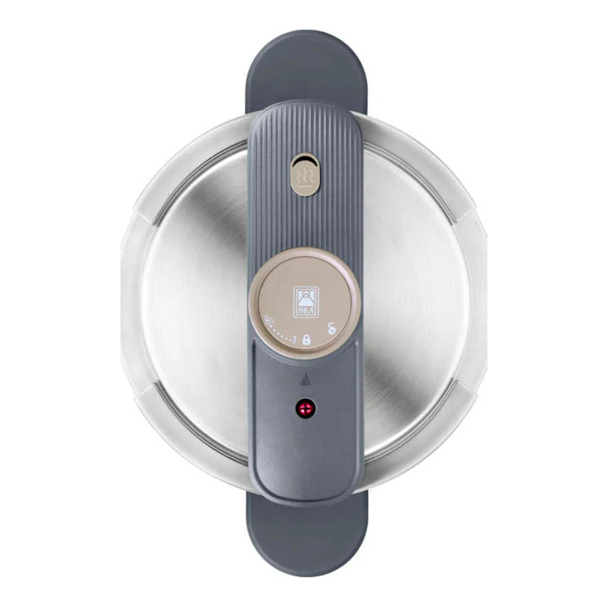 Vista cenital de la olla Bra OP 6 L Emotion de acero inoxidable con tapa y asa gris.