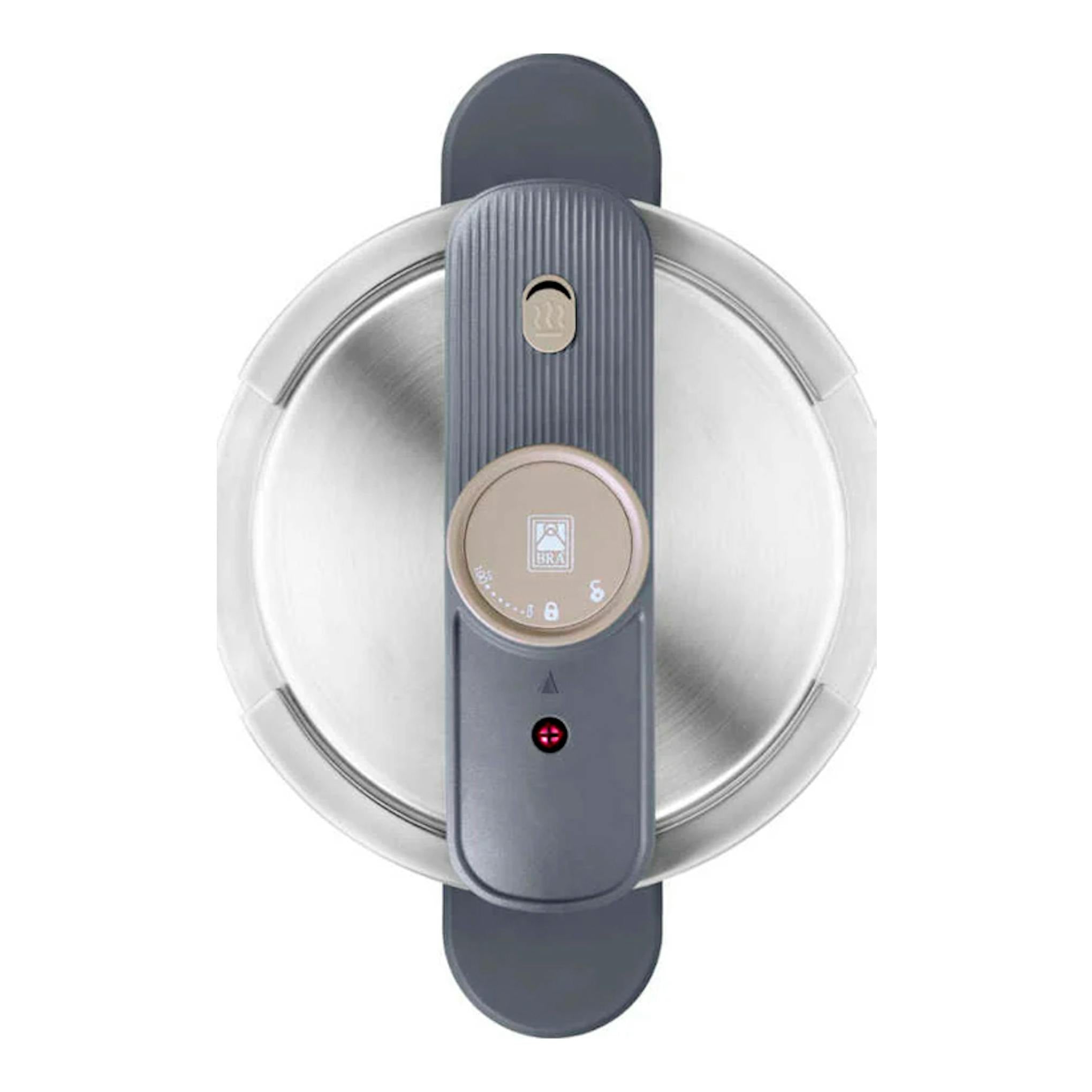 Vista cenital de la olla Bra OP 6 L Emotion de acero inoxidable con tapa y asa gris.