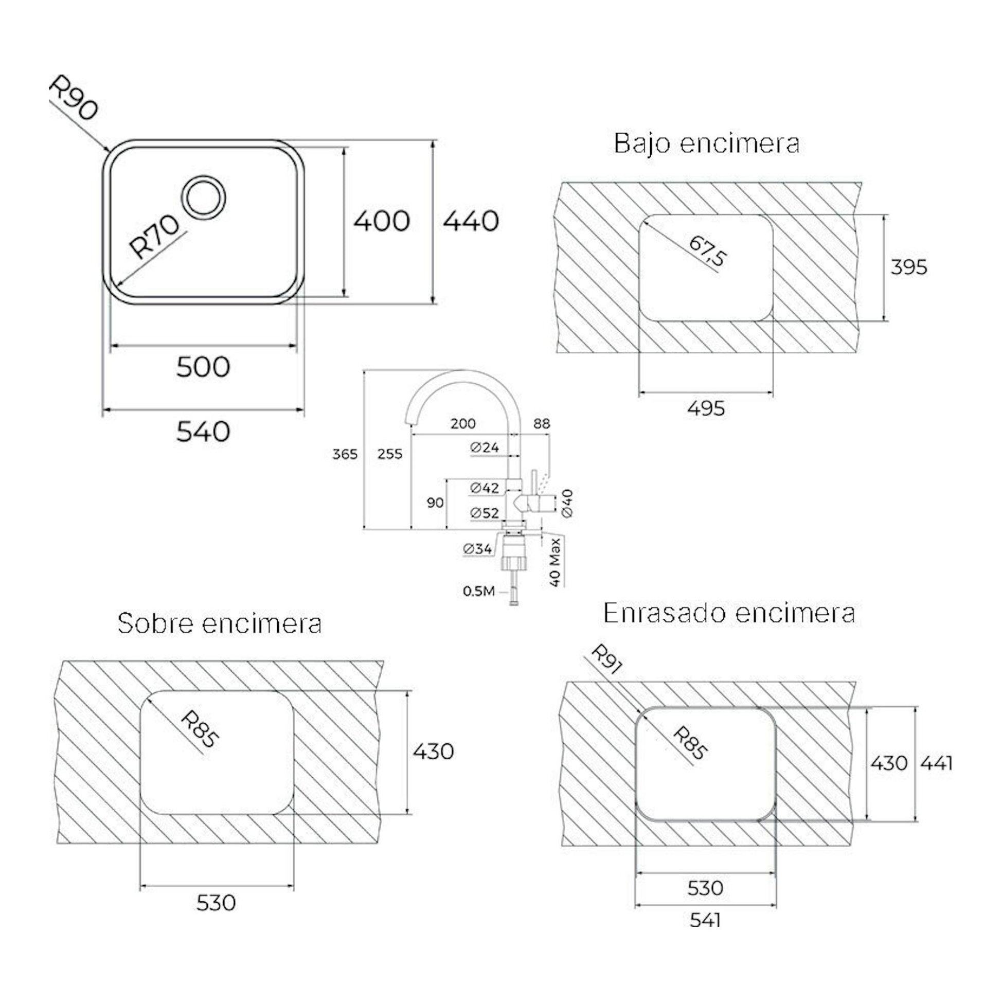 Dibujo técnico del fregadero y grifo TekaWay BET5040 Plus UNI931 con vistas y medidas.