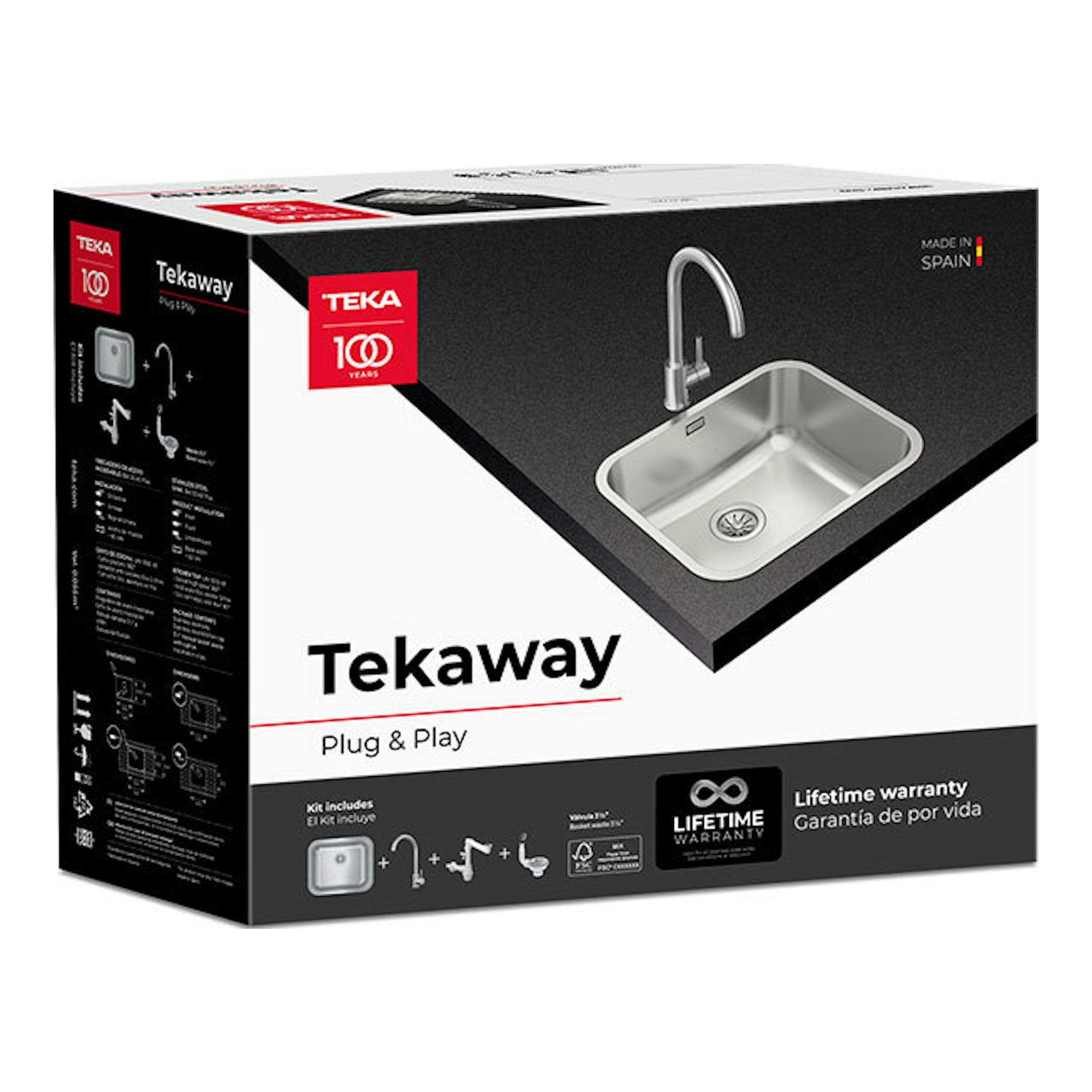 Caja del pack TekaWay BET5040 Plus UNI931 con fregadero y grifo, vista frontal en perspectiva, blanco y negro.