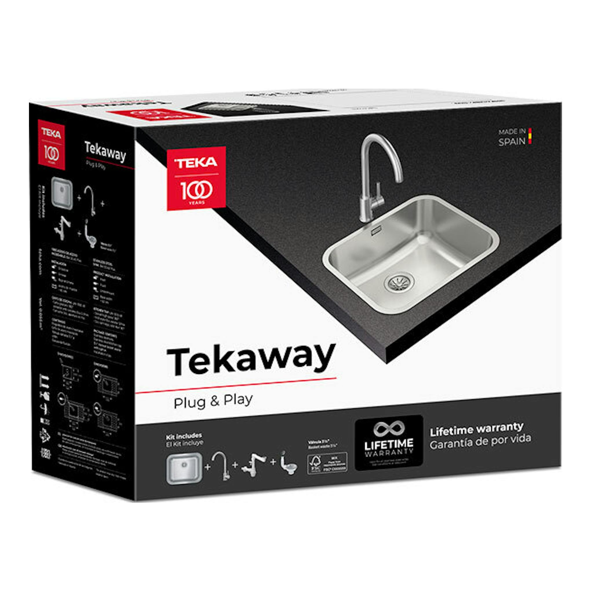 Caja del pack TekaWay BET5040 Plus UNI931 con fregadero y grifo, vista frontal en perspectiva, blanco y negro.
