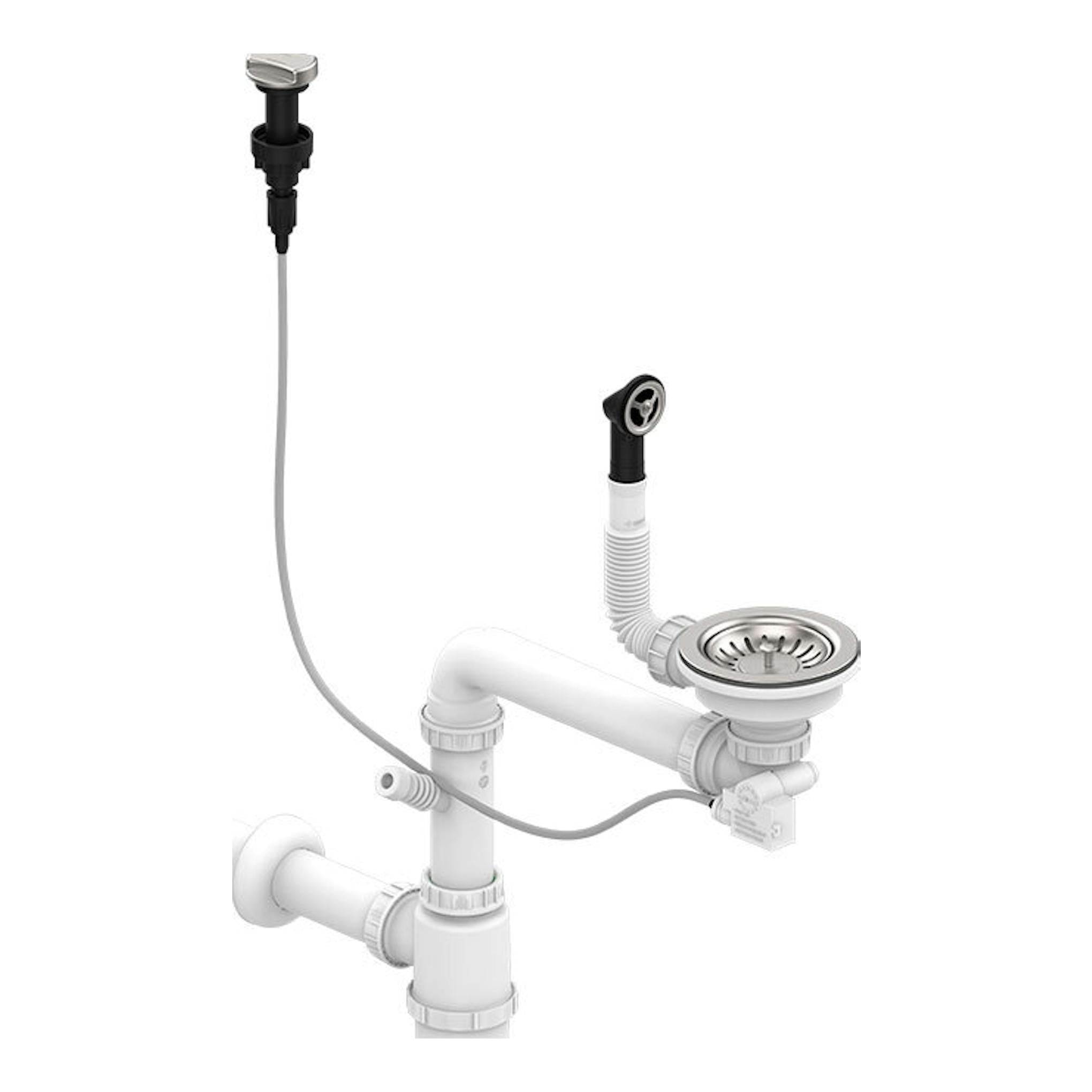 Pack fregadero y grifo TekaWay Starbright45 1C1E U, vista frontal de desagüe y tuberías en blanco y gris