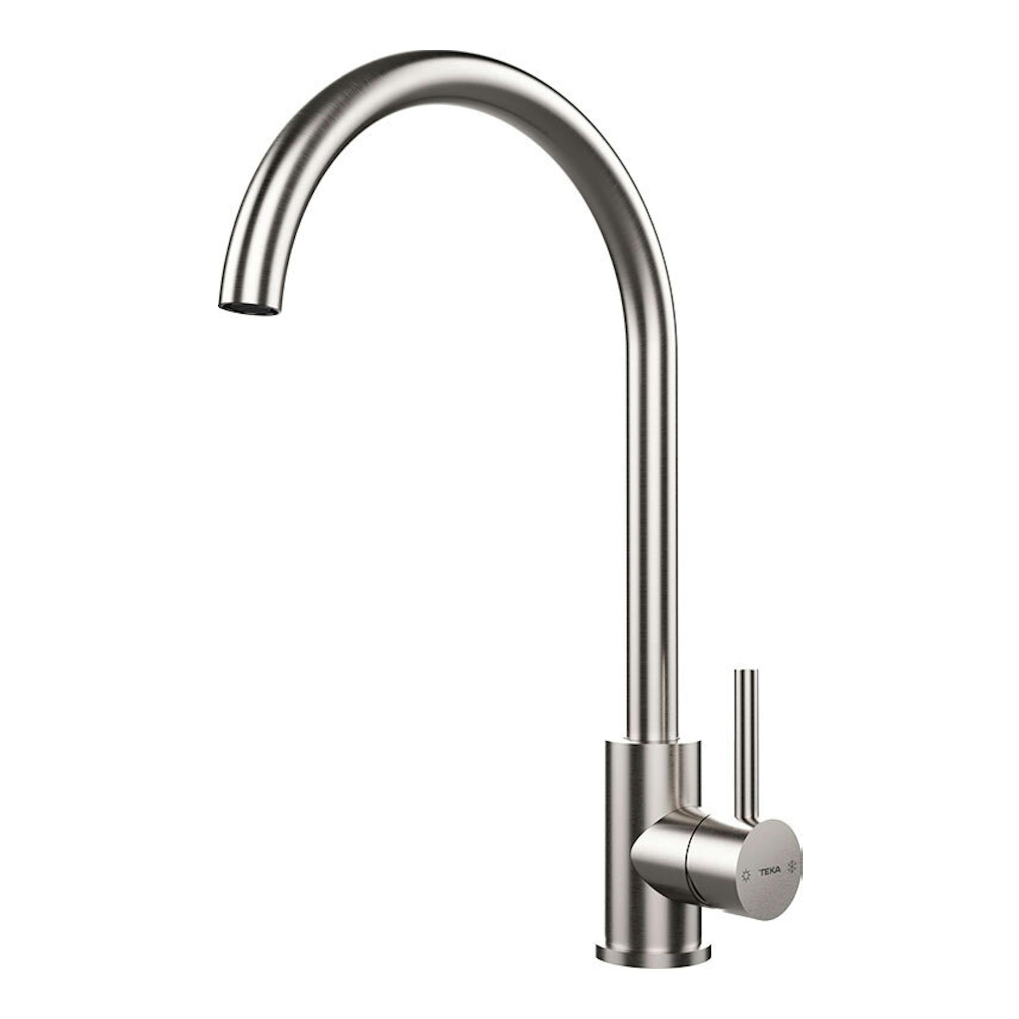 Grifo de cocina TekaWay Stylo 1C UNI9310XP, acero inoxidable, vista frontal sobre fondo blanco.