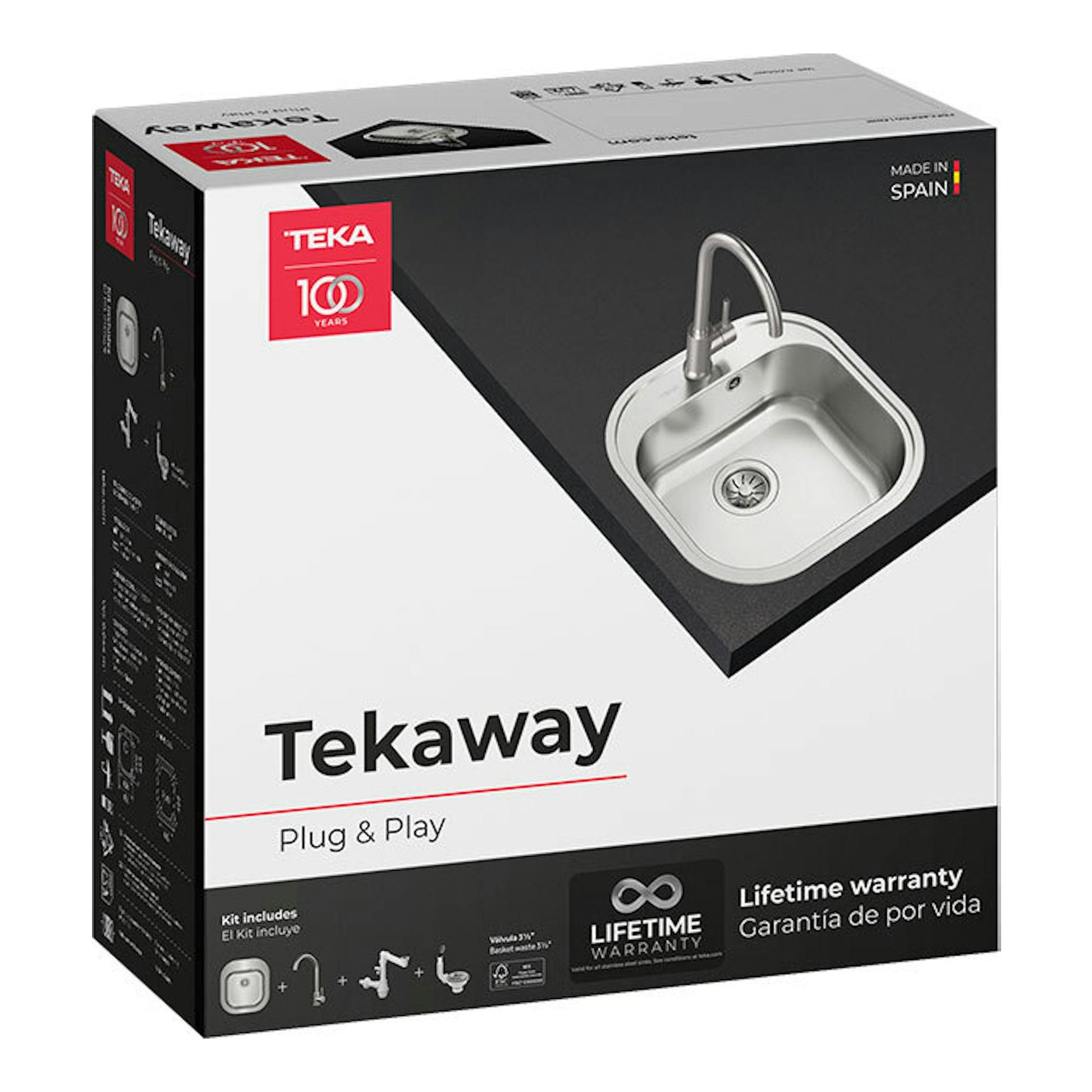 Caja del pack Teka Tekaway Stylo 1C UNI9310XP, con fregadero y grifo, vista frontal en ángulo.