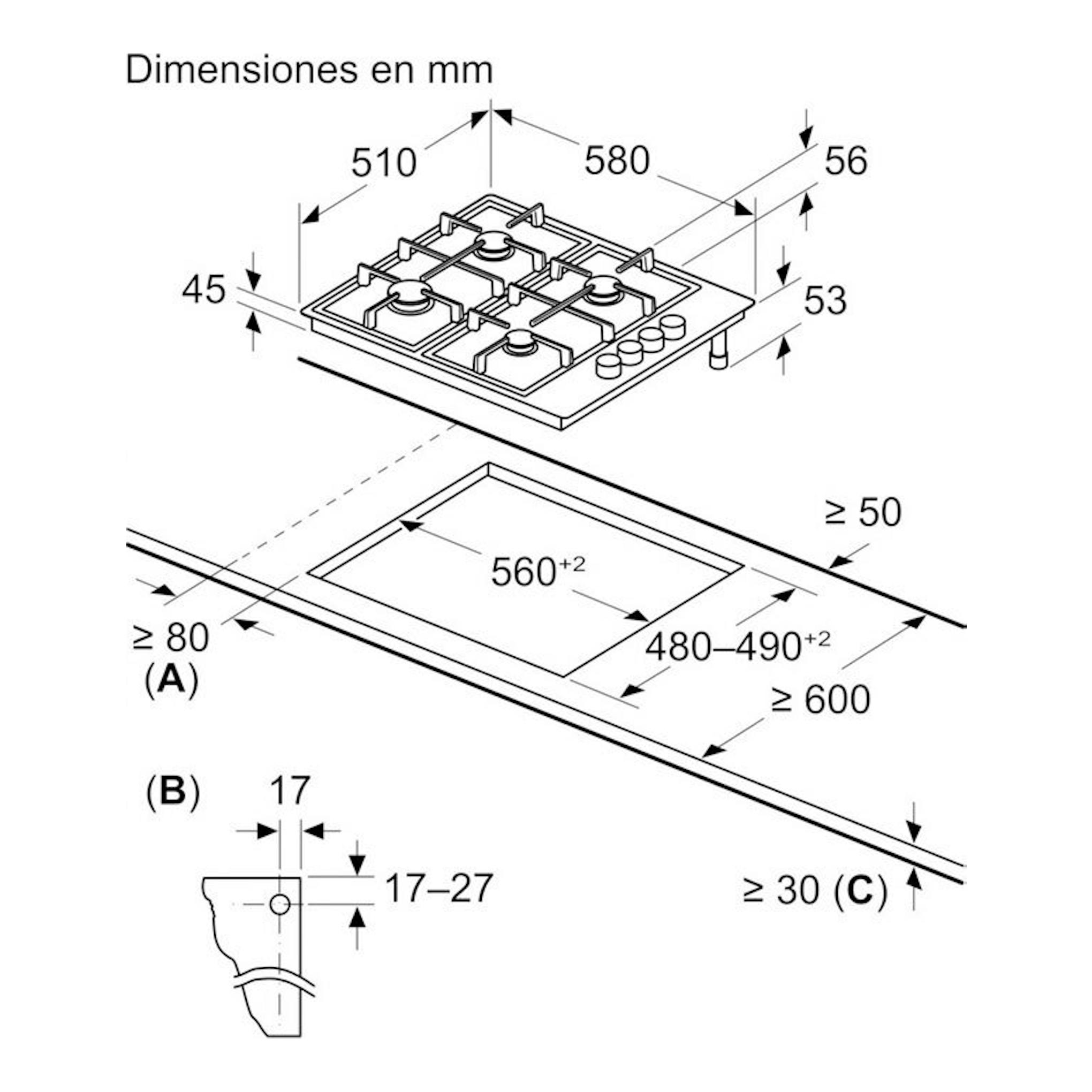 Esquema técnico de la placa de gas Balay 3ETX464BB, vista superior con medidas en mm y hueco de instalación.