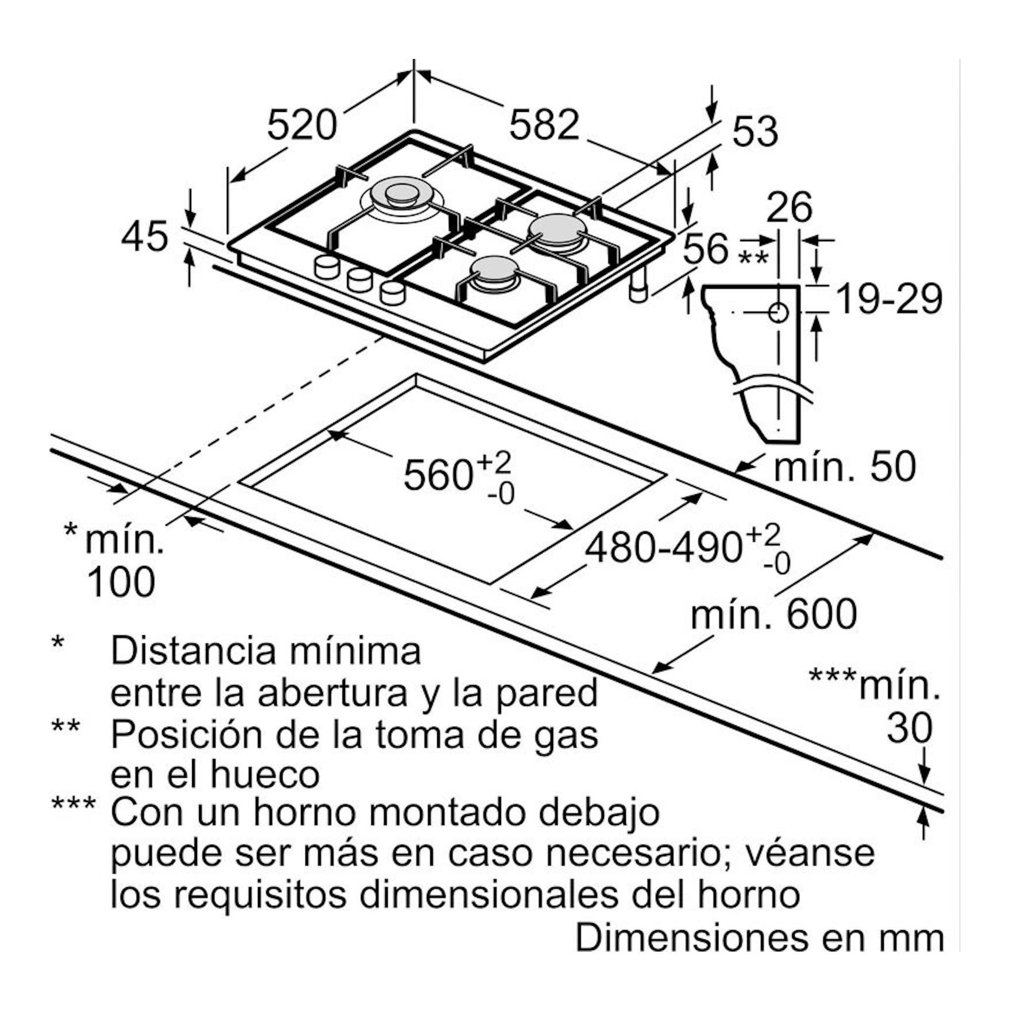 Diagrama técnico de placa de gas Balay 3ETX563CB en vista isométrica, con medidas en mm.