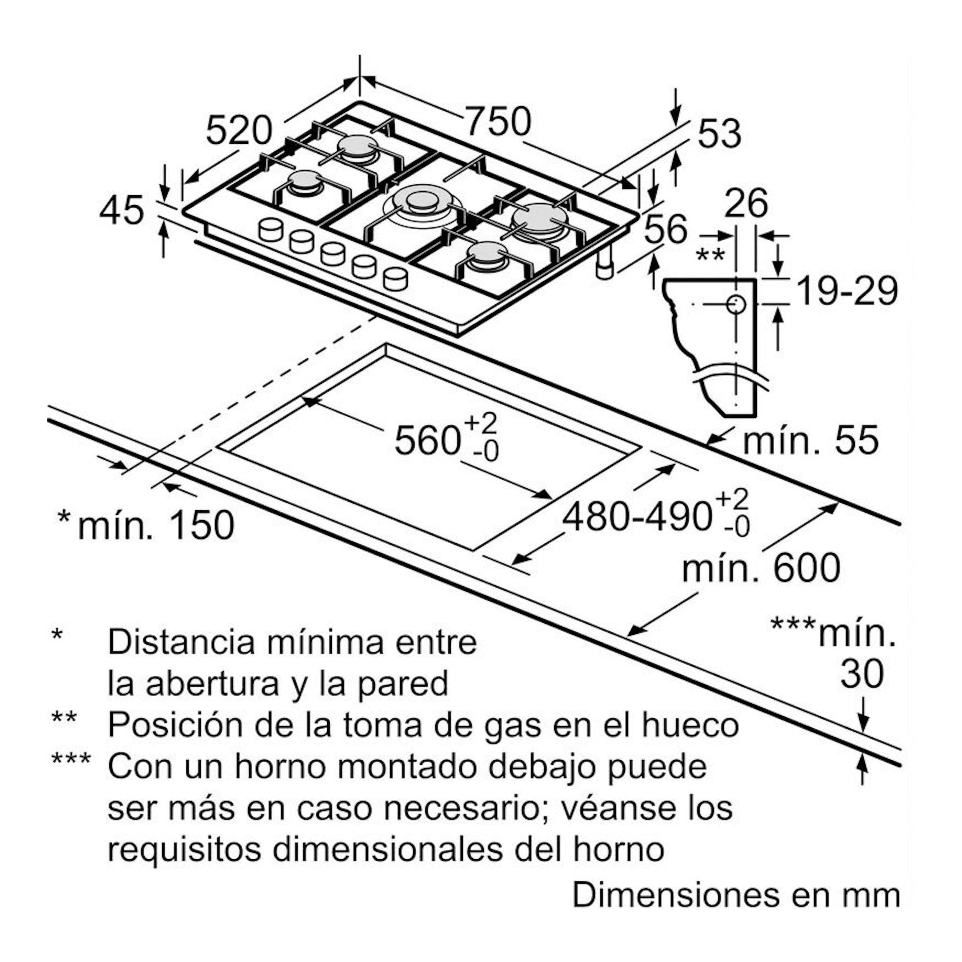 Balay 3ETX576CB, placa de gas en perspectiva con esquema técnico de medidas y hueco de instalación.