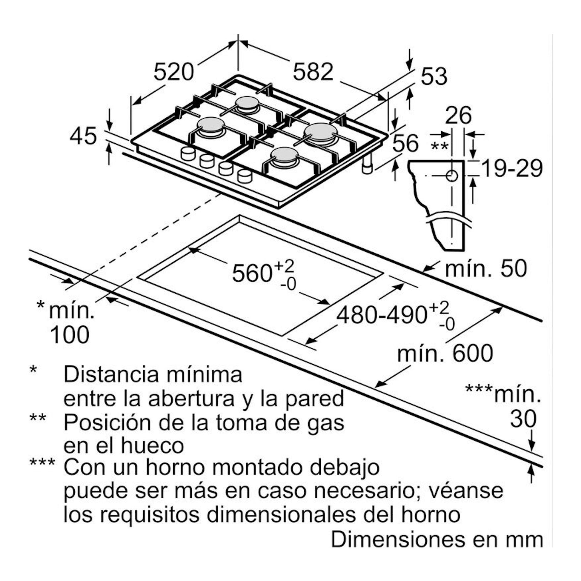 Bosch PCP6A5I90: plano técnico de instalación de placa de gas 60 cm, vista isométrica con medidas.