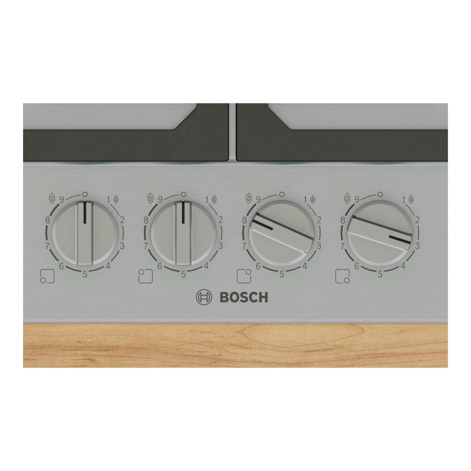 Primer plano frontal de placa de acero inoxidable Bosch con cuatro mandos giratorios negros y grises.
