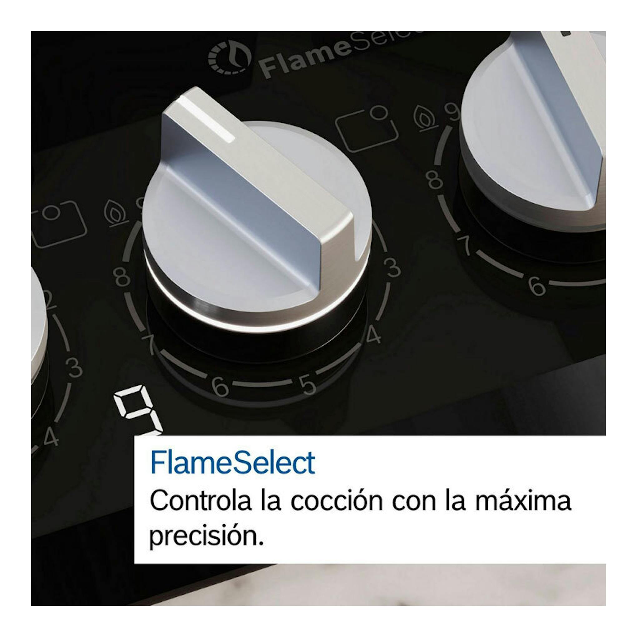 Bosch PCP6A5I90: primer plano de placa de gas negra con mandos plateados y escala FlameSelect.