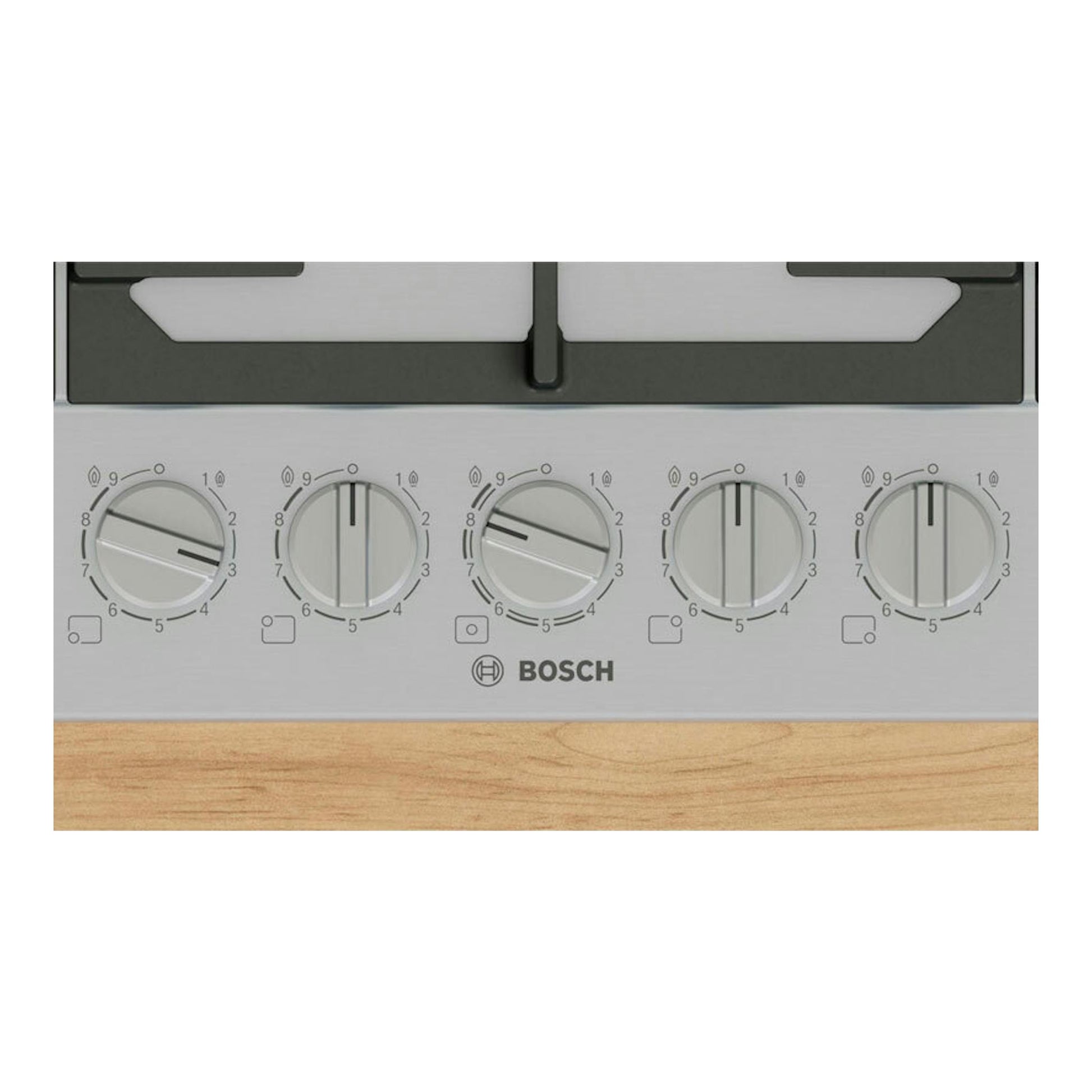 Placa de acero Bosch PCR9A5I90, vista frontal, con cinco mandos y logotipo Bosch.