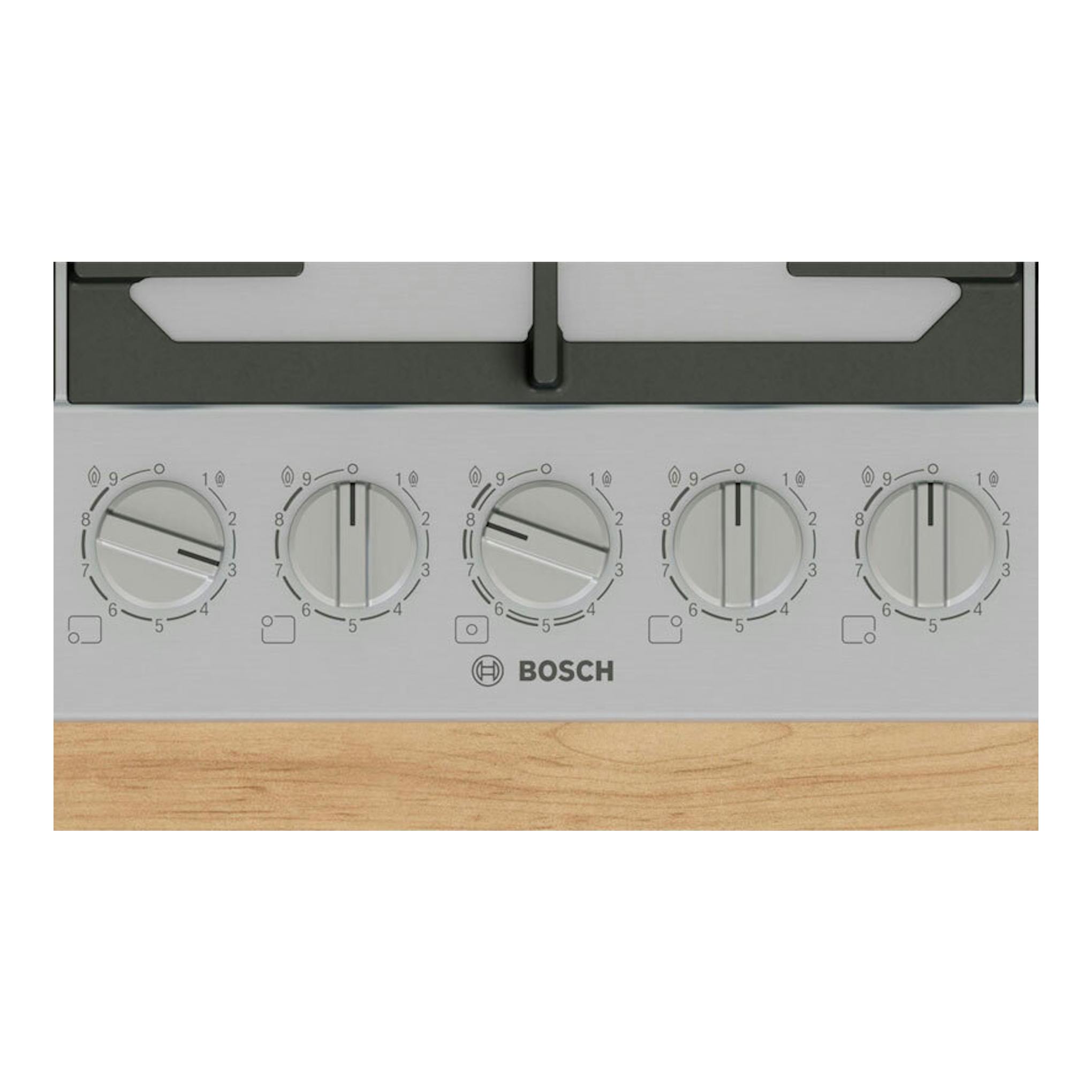 Placa de acero Bosch PCR9A5I90, vista frontal, con cinco mandos y logotipo Bosch.