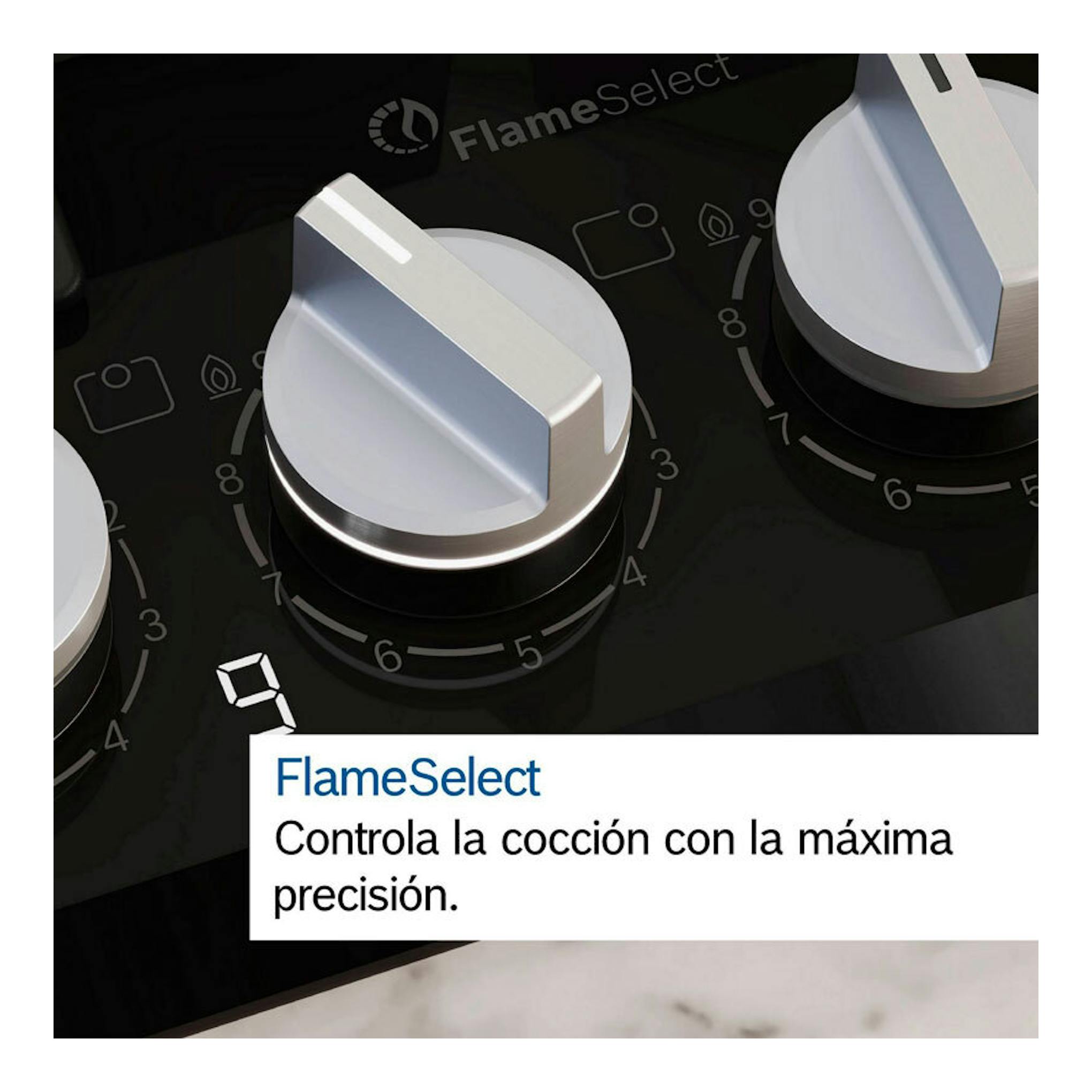 Placa Bosch PCR9A5I90 negra, detalle de mandos metálicos FlameSelect en vista cercana.