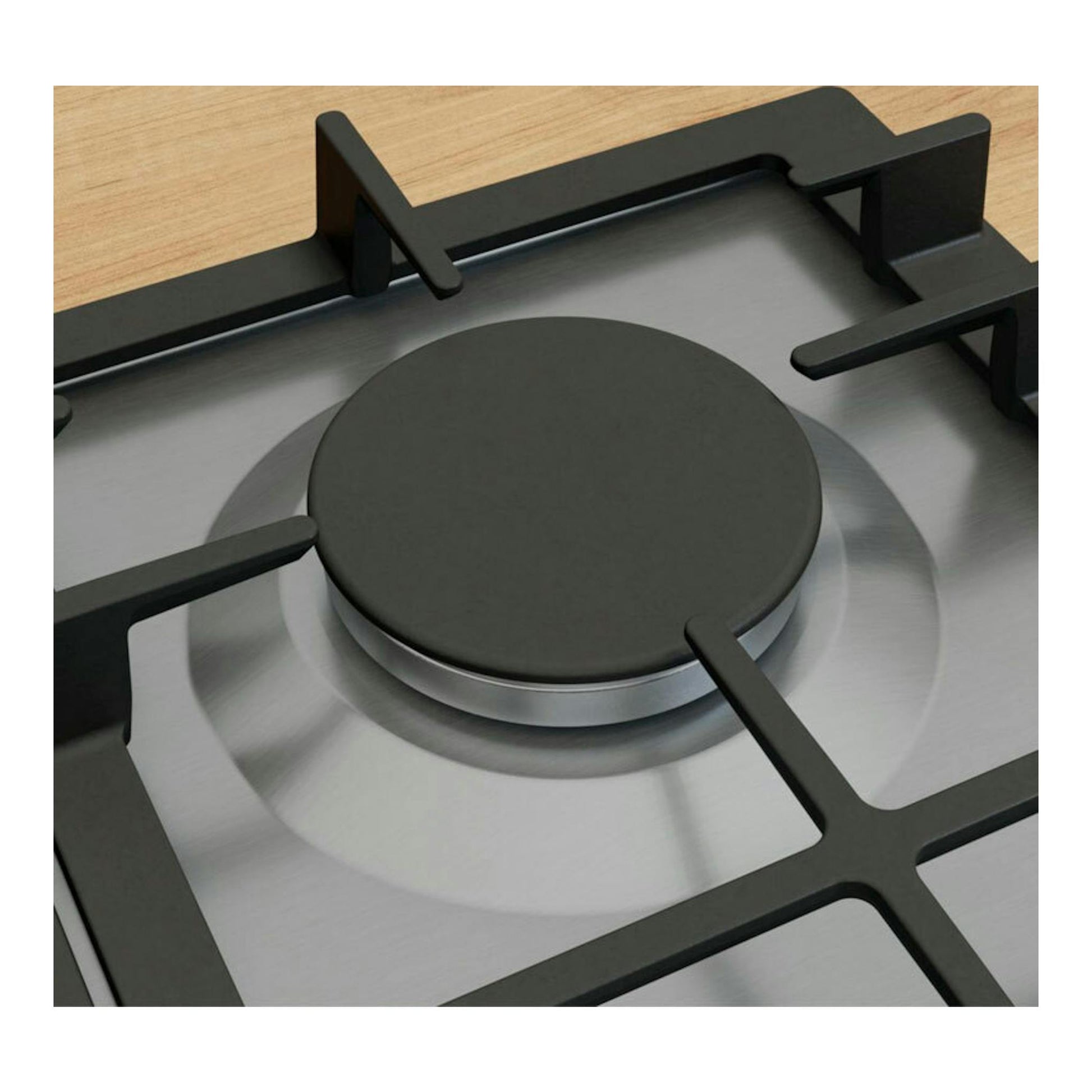 Placa de gas Bosch PCS7A5I90 de acero inoxidable, vista cenital parcial con quemador negro.